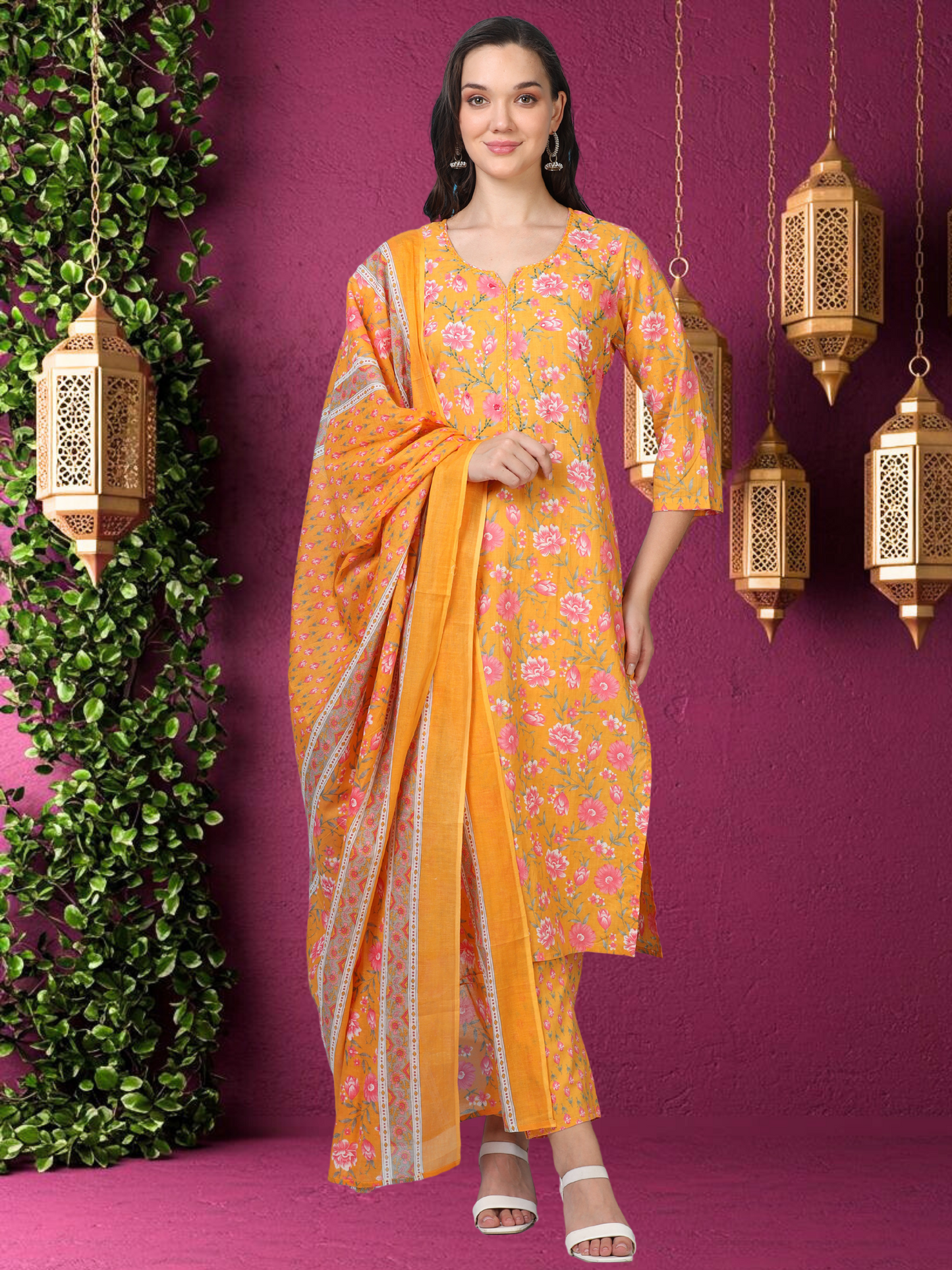 Golden Glow – Mustard Printed Cotton 3-Piece Set (2DF-4-C4)