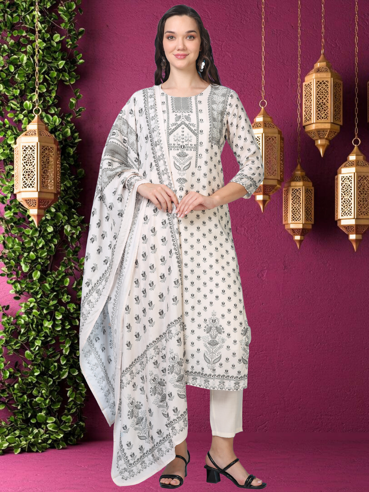 Monochrome Muse – White & Black Printed 3-Piece Set (2AA-9-C1)