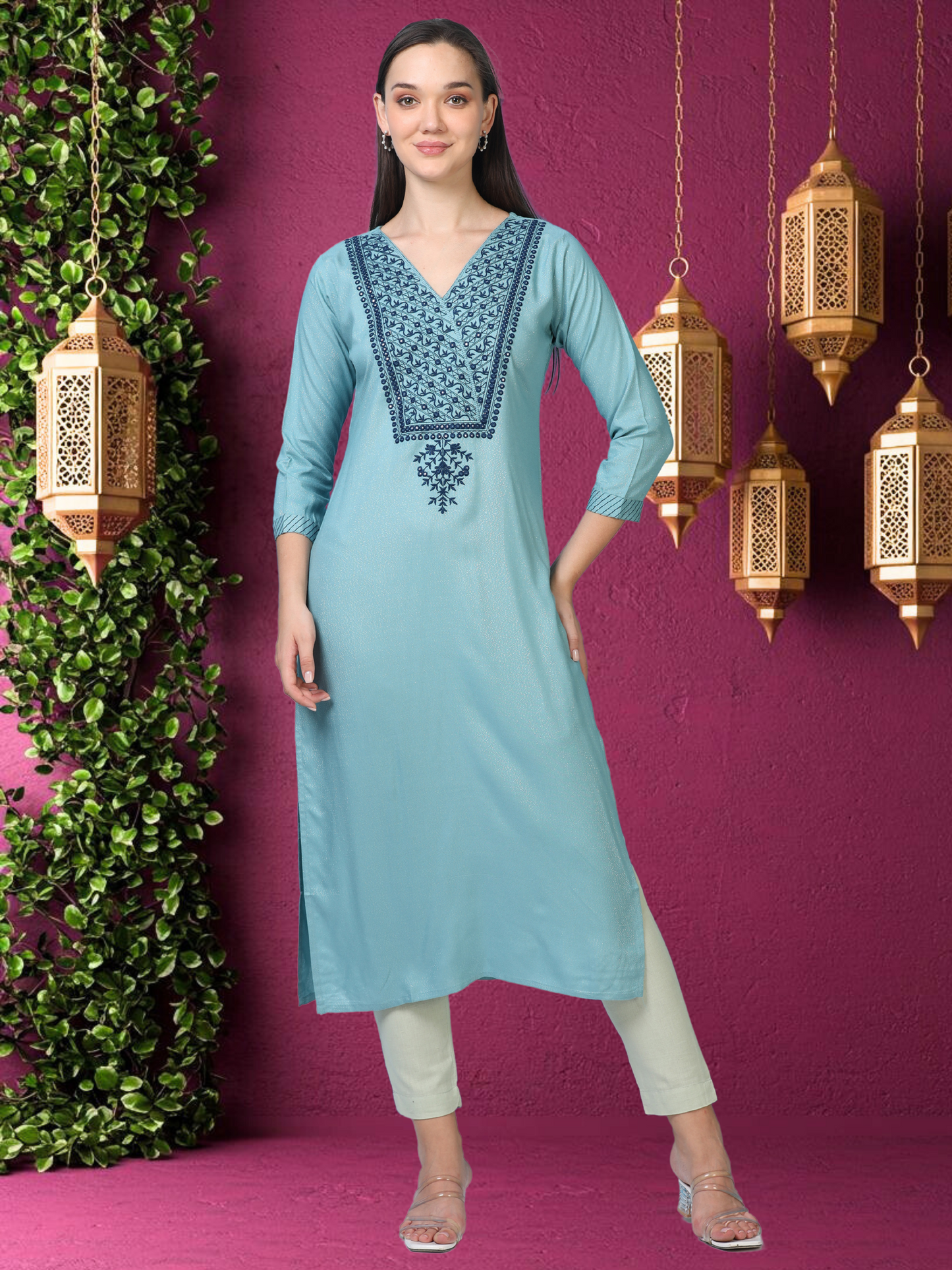 Blue Hush Glimmer – Embroidered Cotton-Tissue Kurti (1JD-6-A13)