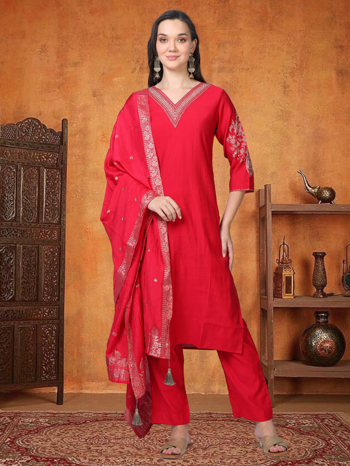 Red Hour – Raw Cotton & Banarasi Silk-Blend 3-Piece Set (1NH-2-C11)