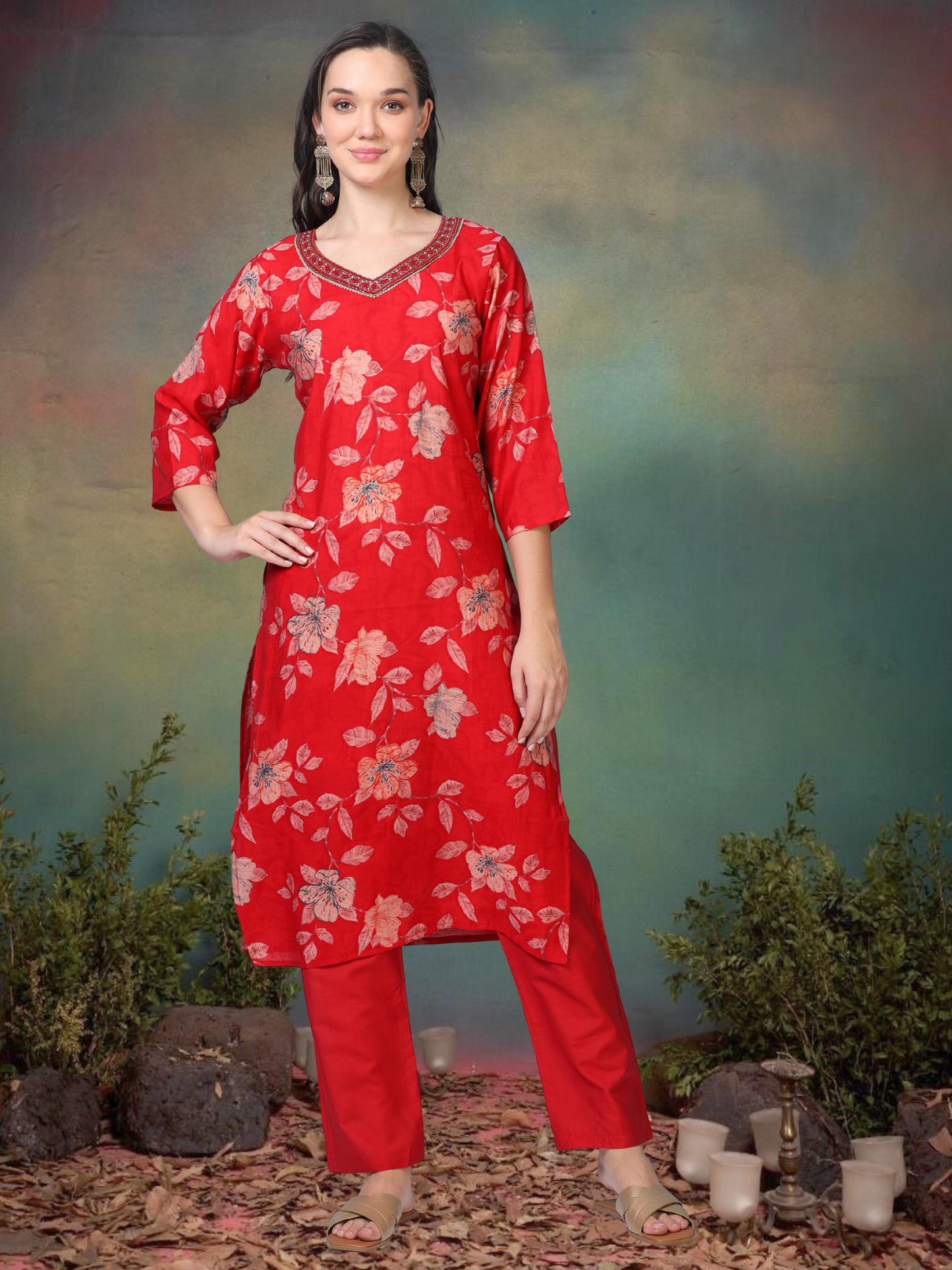 Scarlet Soirée – Red Printed Viscose-Cotton 3-Piece Set (1KI-2-C1)