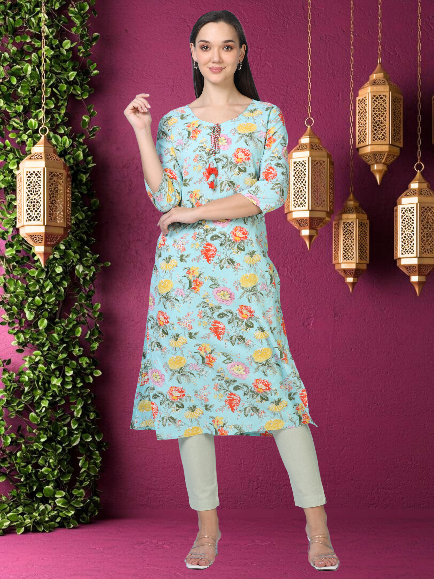 Bloom Flower – Light Blue Printed Cotton Kurti (2TP-6-A6)