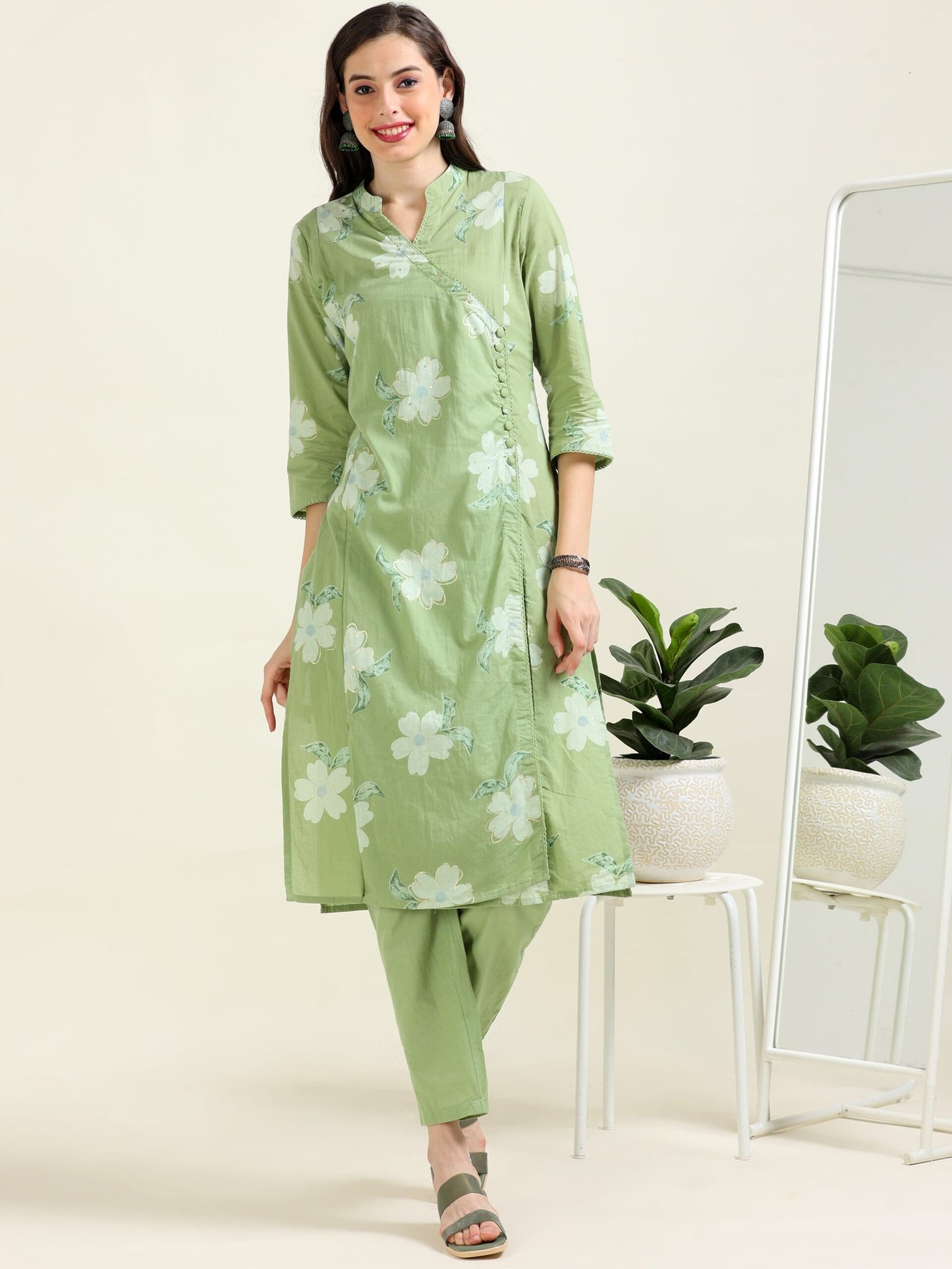 Seafoam Simplicity – Angrakha Sea-Green Cotton 2 piece set (2FW-5-B17)