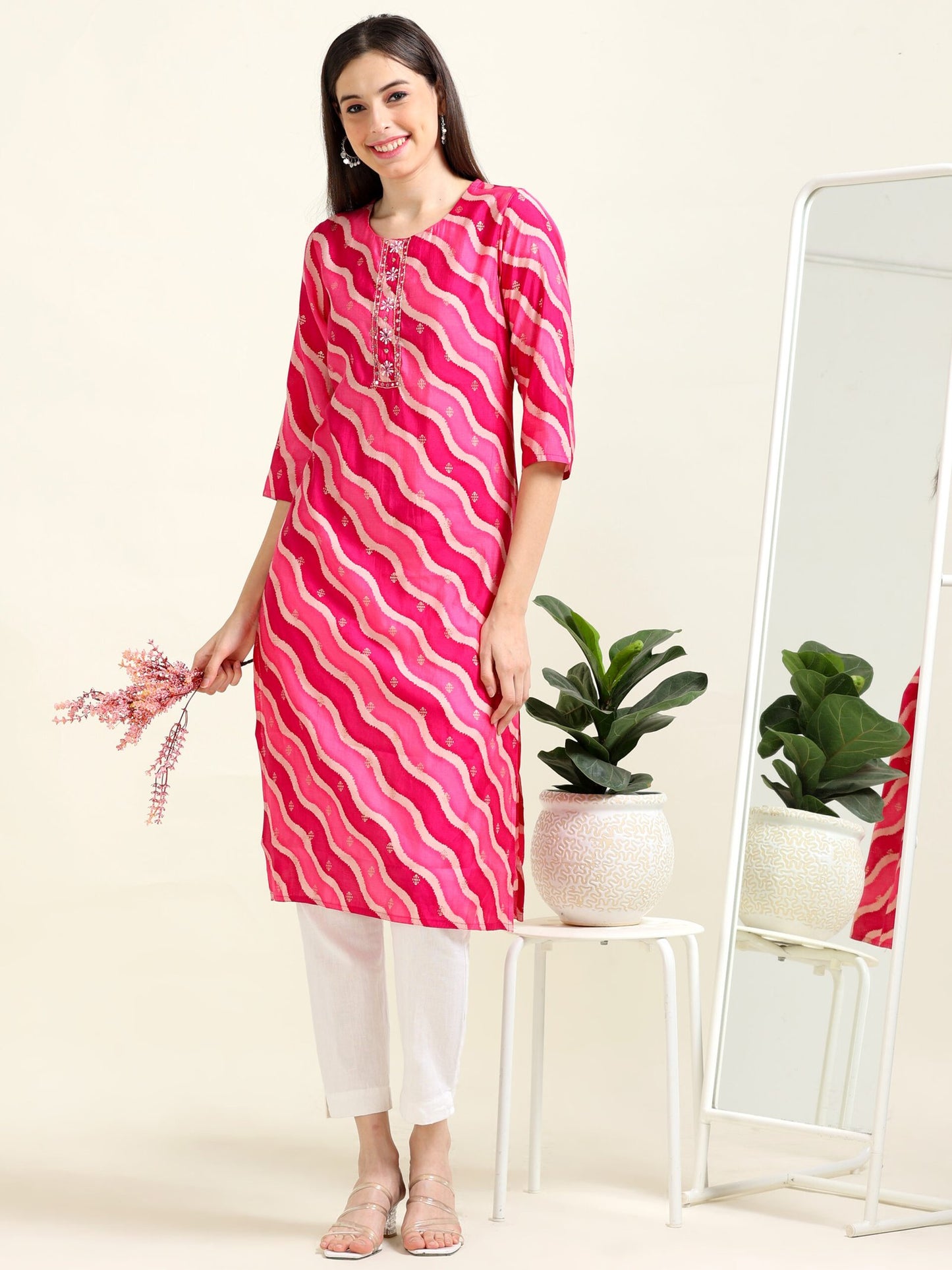 Pink Leheriya College Charm – Silk Blend Straight Kurti (2AA-2- A11)