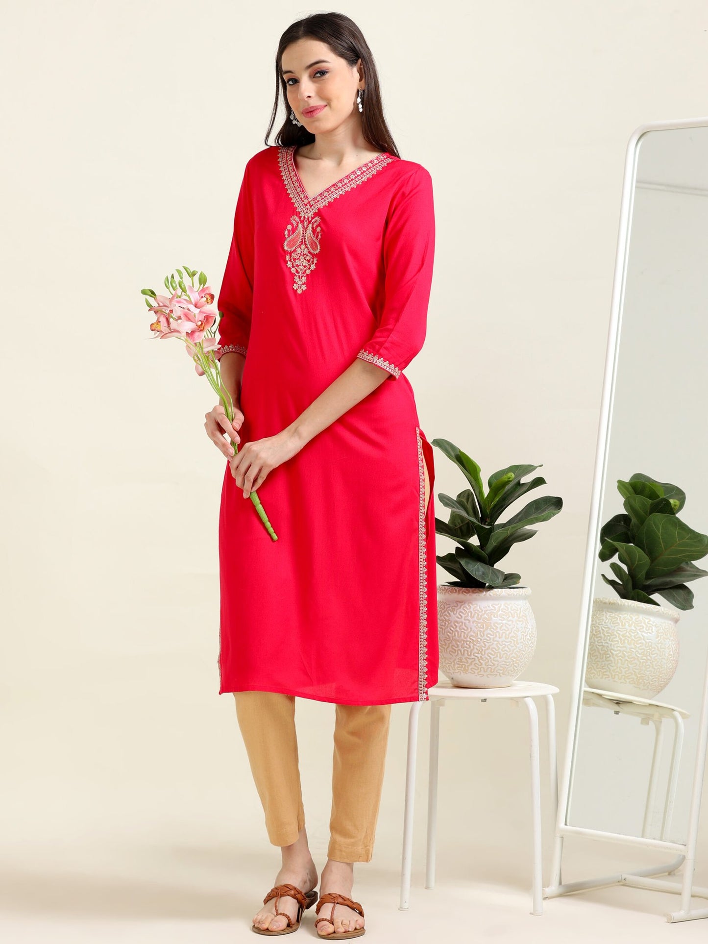Hot Pink Embroidered Delight – Straight Viscose Kurti (2AA-2-A4)