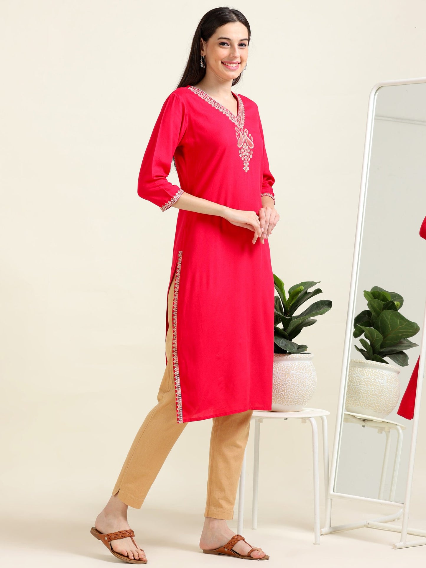 Hot Pink Embroidered Delight – Straight Viscose Kurti (2AA-2-A4)