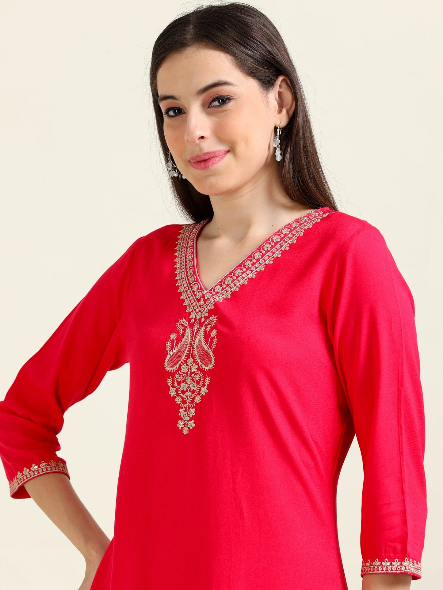 Hot Pink Embroidered Delight – Straight Viscose Kurti (2AA-2-A4)