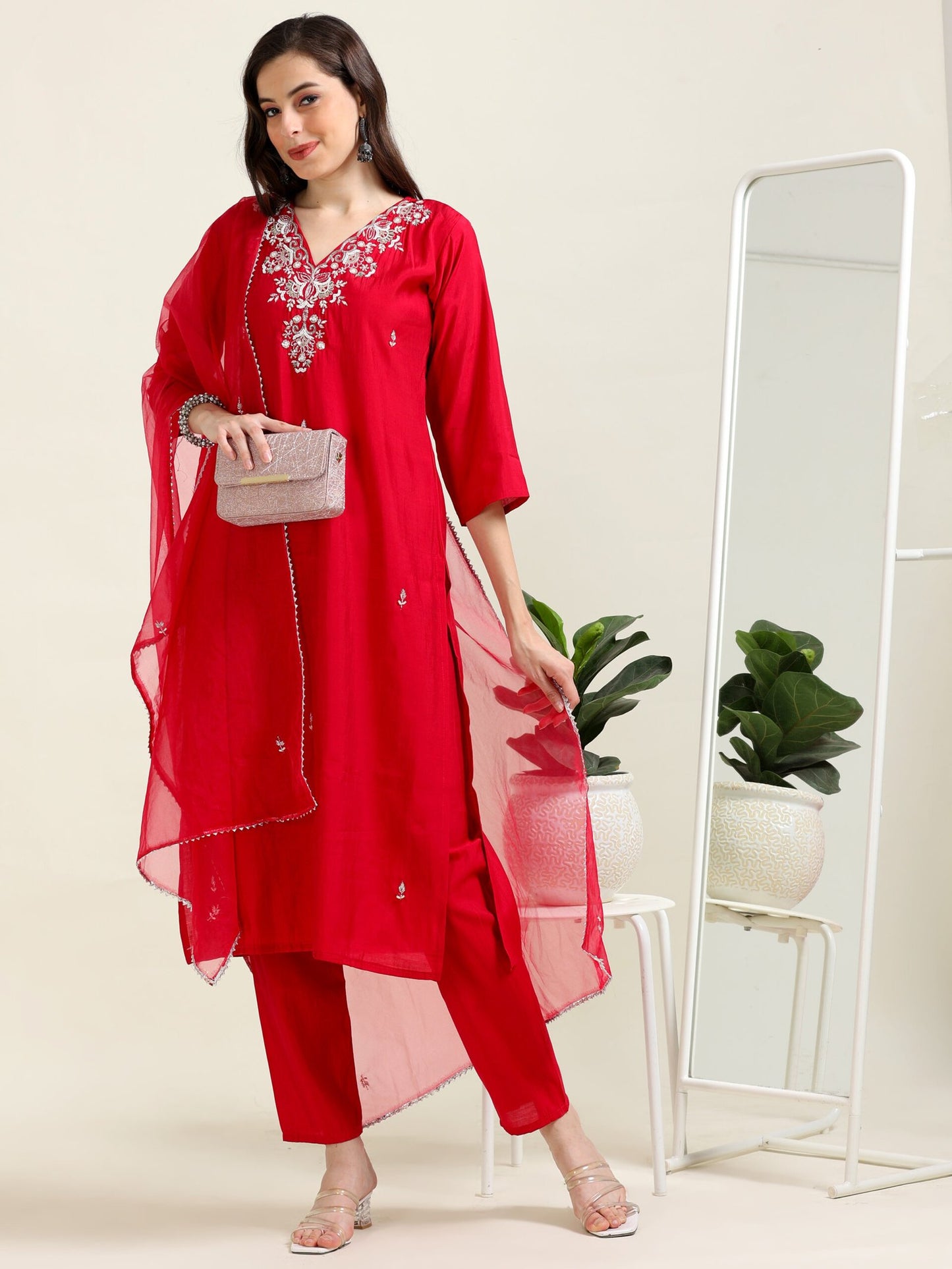 Cherry Red Ethnic Luxe – Viscose-Organza 3-Piece Set (2AA-2-C7)