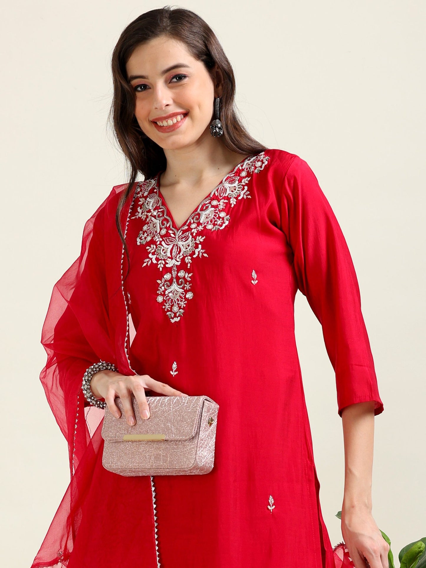 Cherry Red Ethnic Luxe – Viscose-Organza 3-Piece Set (2AA-2-C7)
