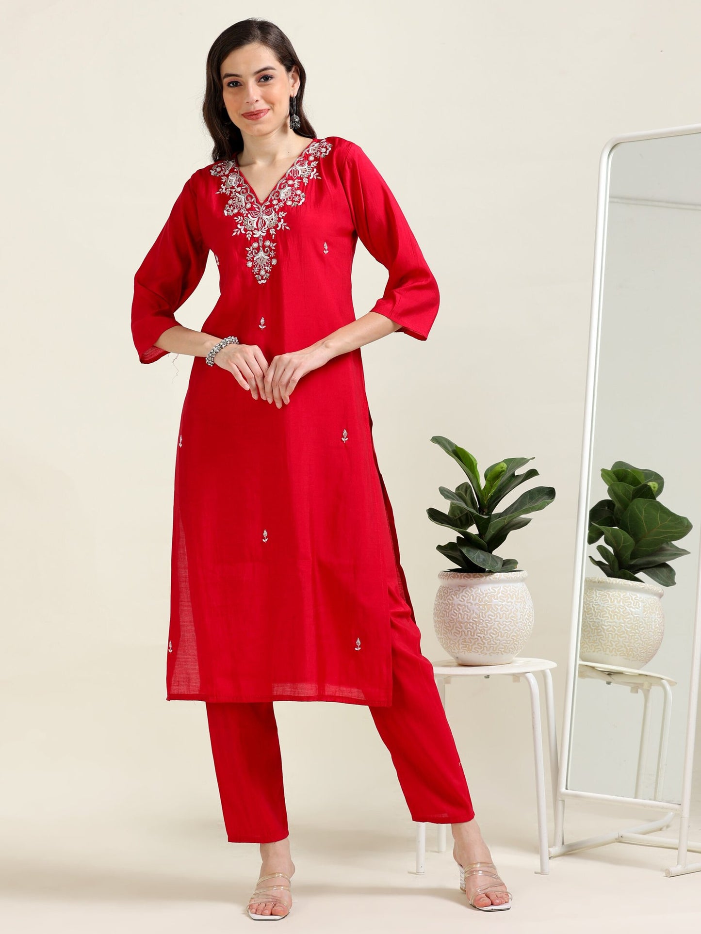 Cherry Red Ethnic Luxe – Viscose-Organza 3-Piece Set (2AA-2-C7)