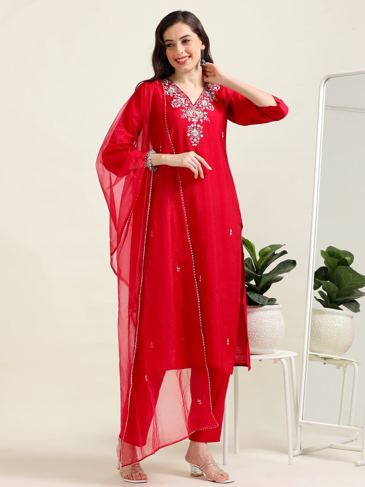 Cherry Red Ethnic Luxe – Viscose-Organza 3-Piece Set (2AA-2-C7)