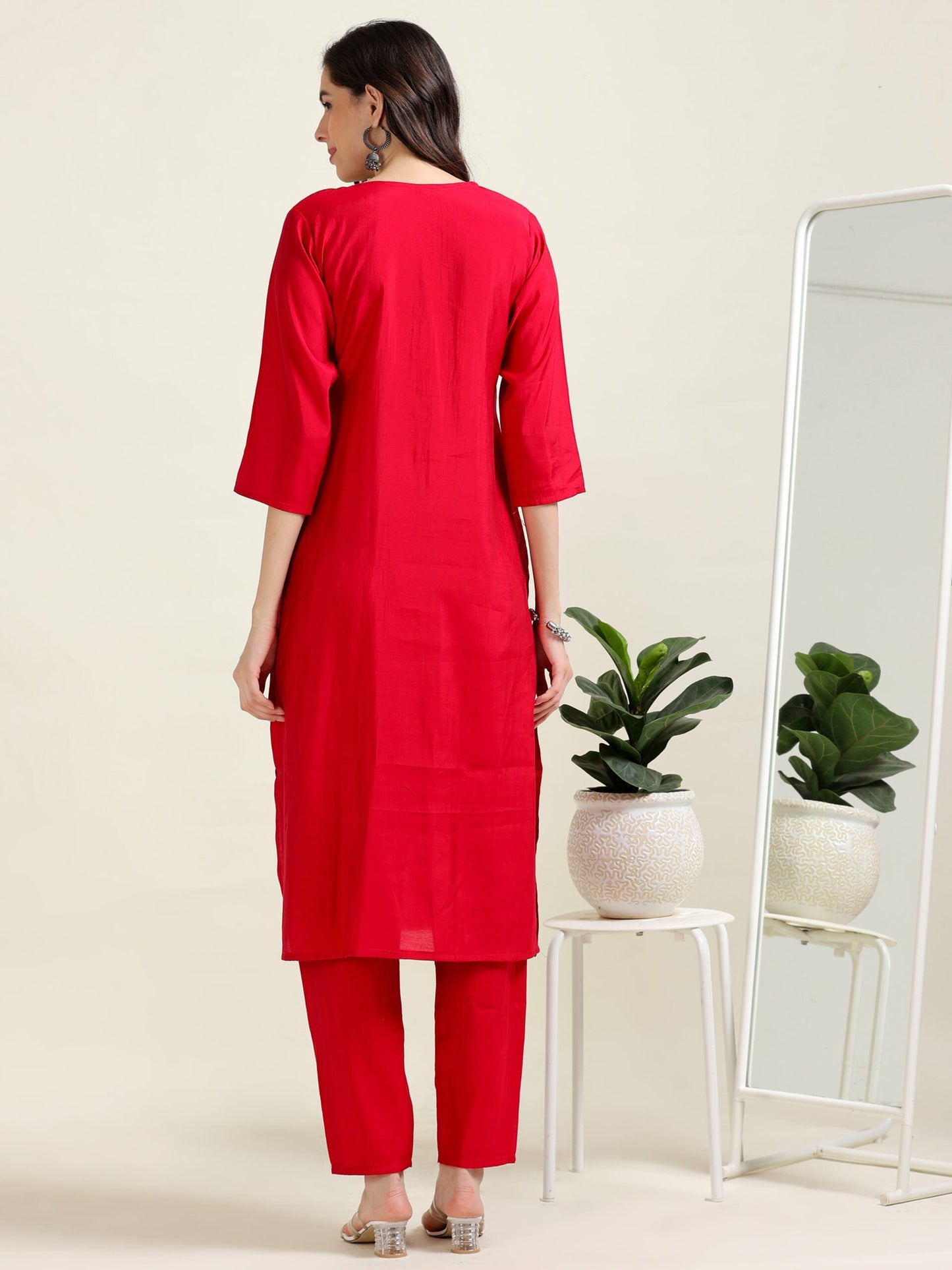 Cherry Red Ethnic Luxe – Viscose-Organza 3-Piece Set (2AA-2-C7)
