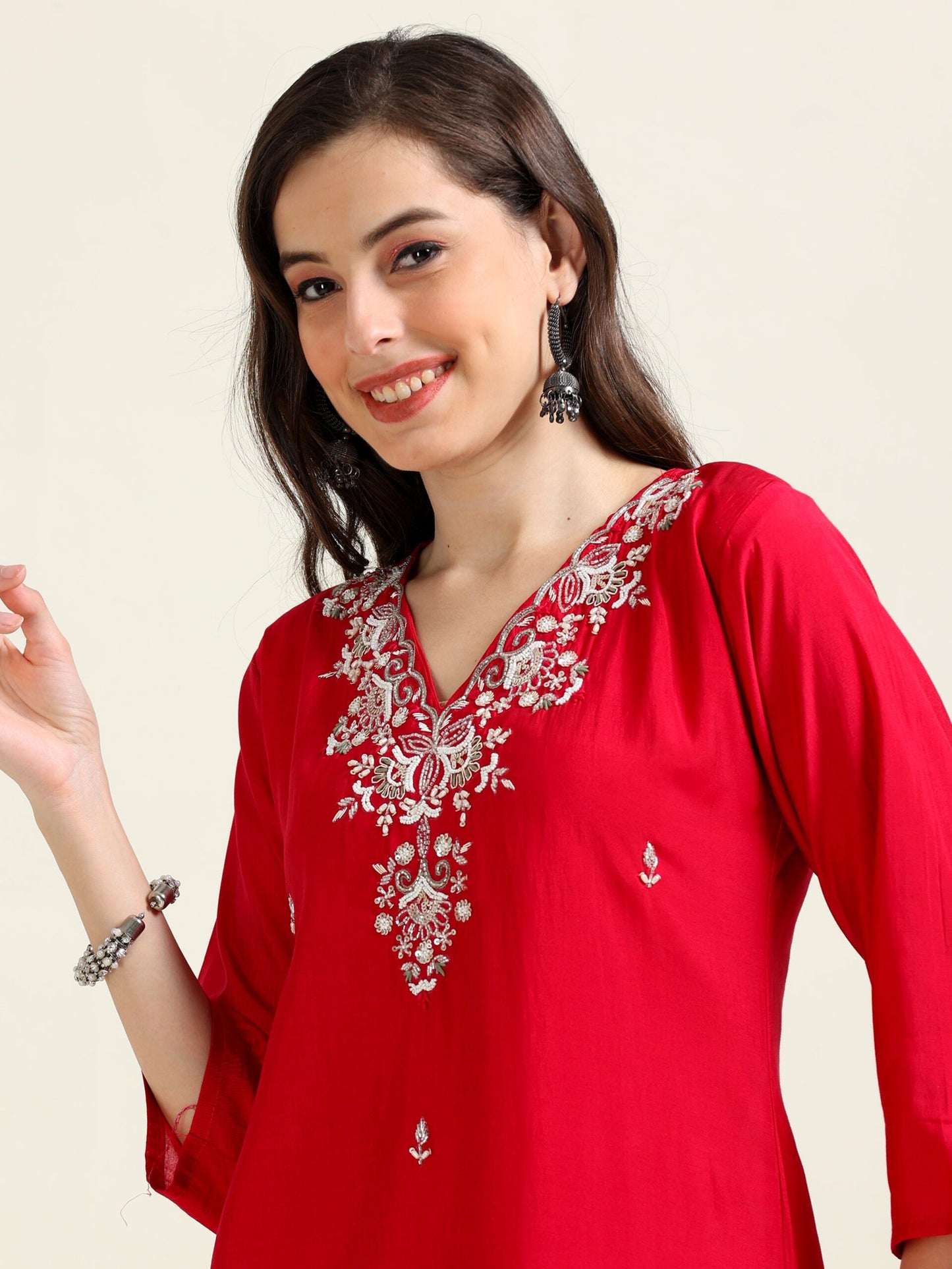 Cherry Red Ethnic Luxe – Viscose-Organza 3-Piece Set (2AA-2-C7)