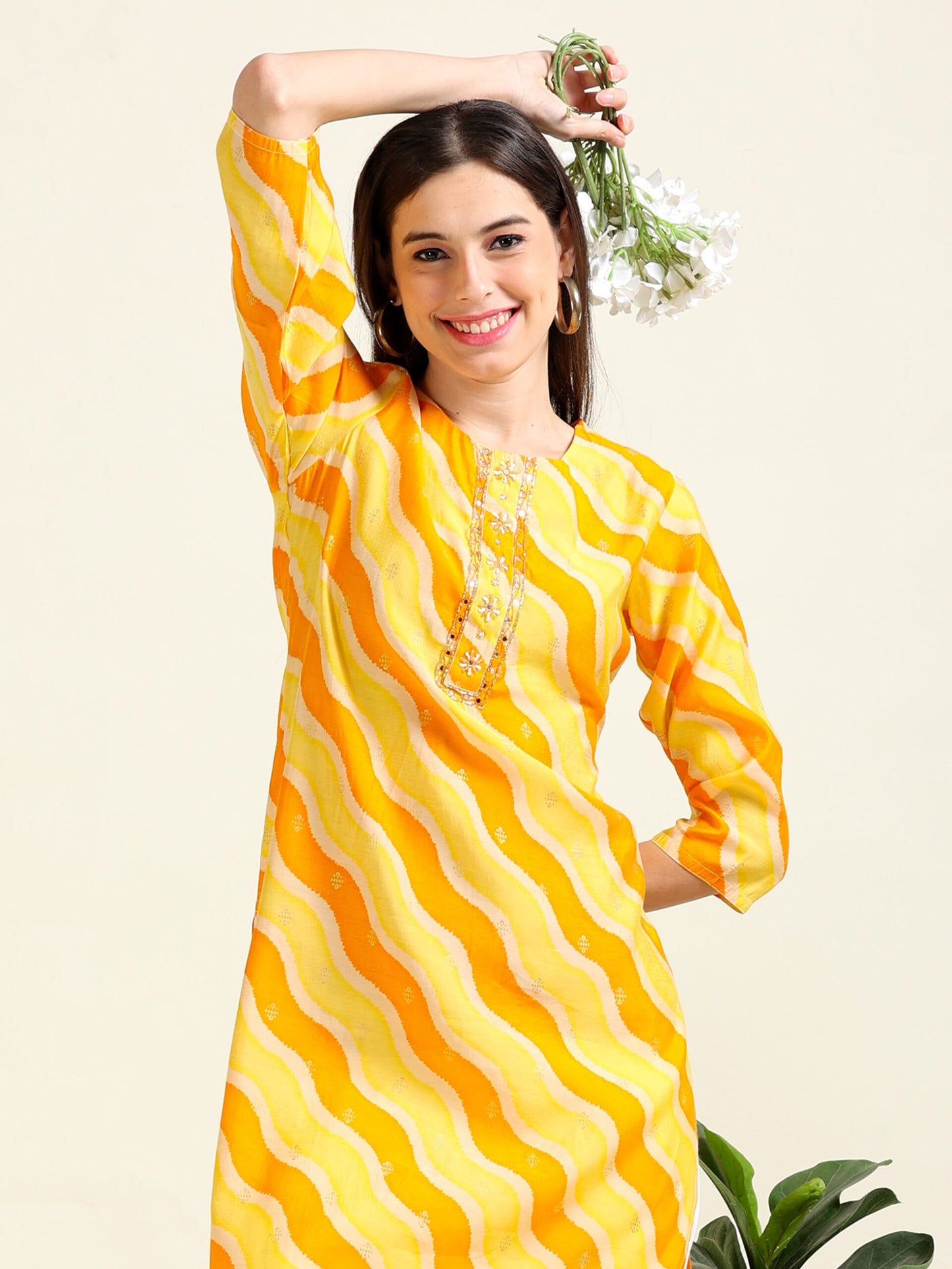 Mango Leheriya Haldi Glow – Silk Blend Straight Kurti (2AA-4- A9)