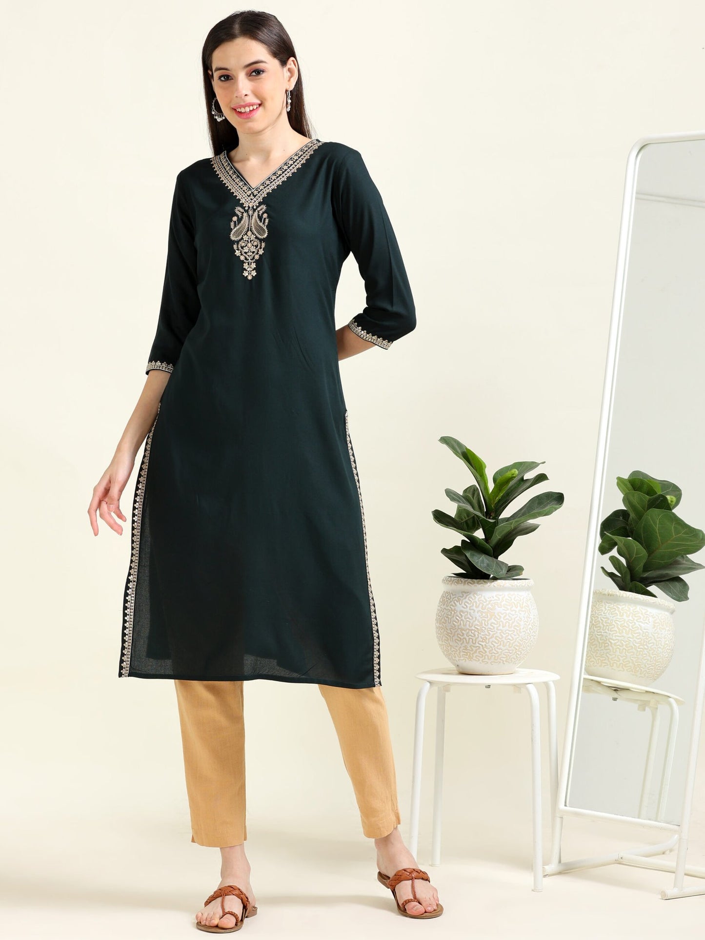 Bottle Green Viscose Dream – Embroidered Straight Kurti (2AA-5-A5)
