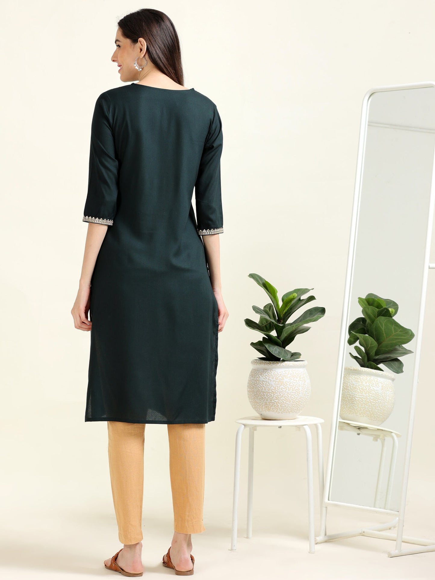 Bottle Green Viscose Dream – Embroidered Straight Kurti (2AA-5-A5)