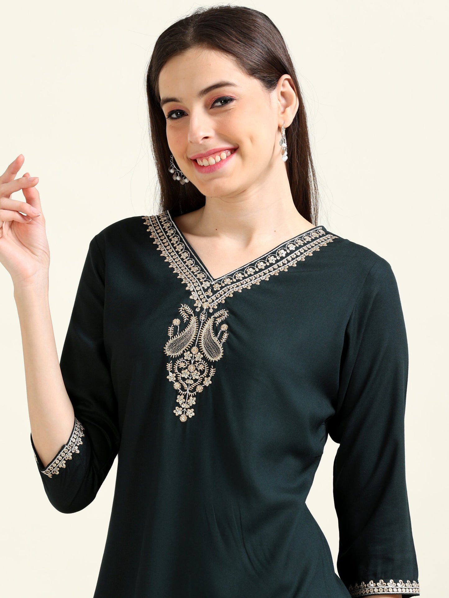 Bottle Green Viscose Dream – Embroidered Straight Kurti (2AA-5-A5)