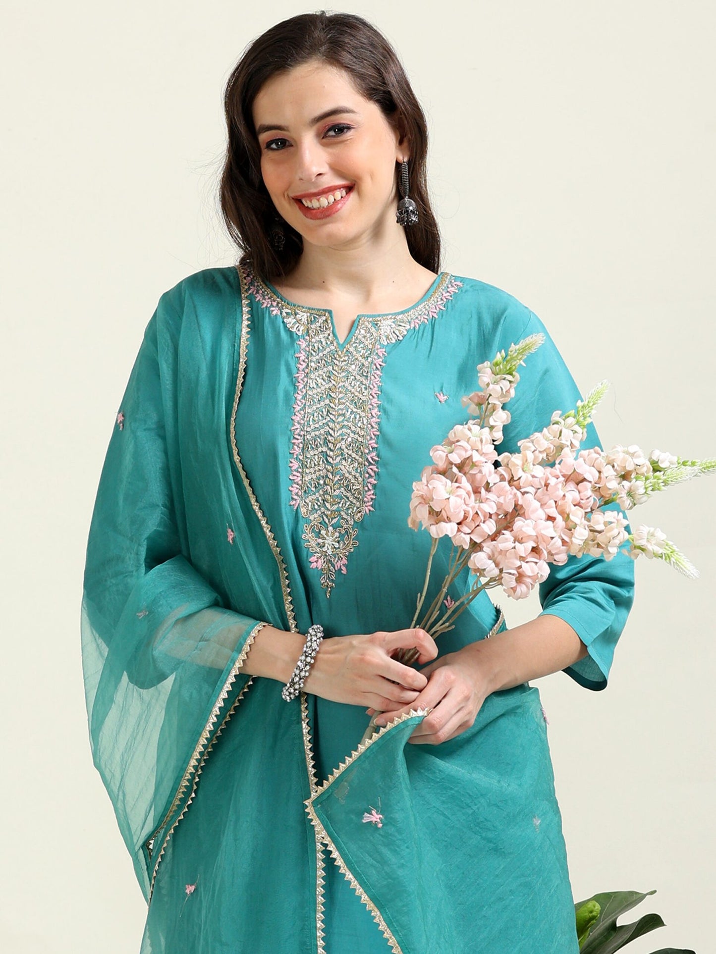 Teal Pearl Dream – Viscose-Organza 3-Piece Set (2AA-6-C6)