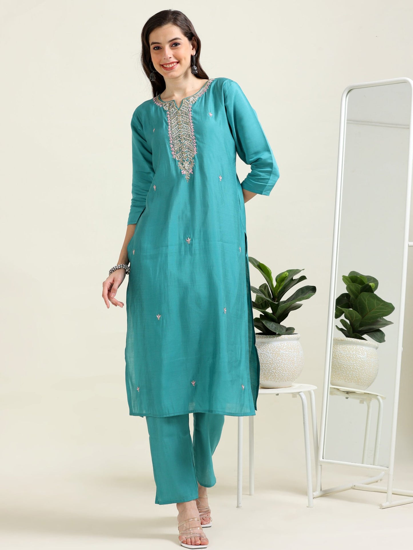 Teal Pearl Dream – Viscose-Organza 3-Piece Set (2AA-6-C6)