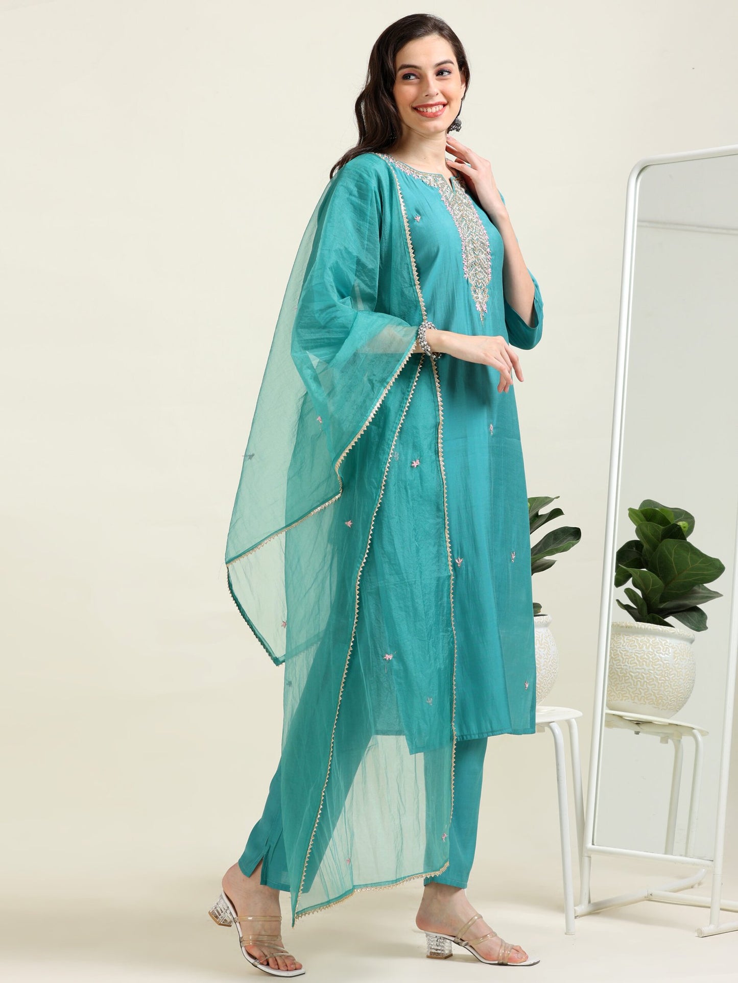 Teal Pearl Dream – Viscose-Organza 3-Piece Set (2AA-6-C6)