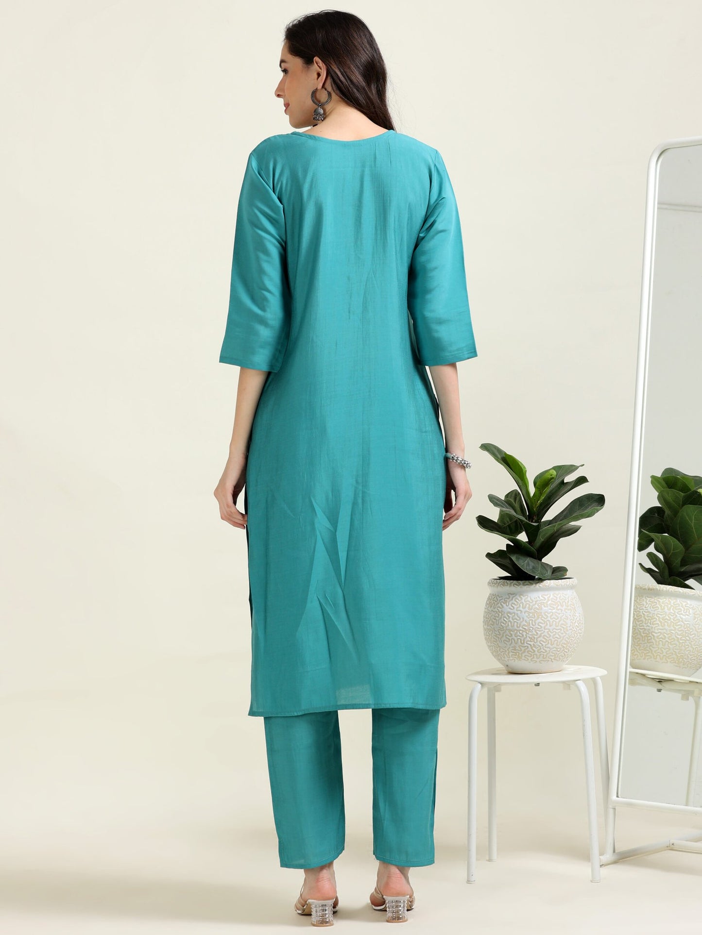 Teal Pearl Dream – Viscose-Organza 3-Piece Set (2AA-6-C6)