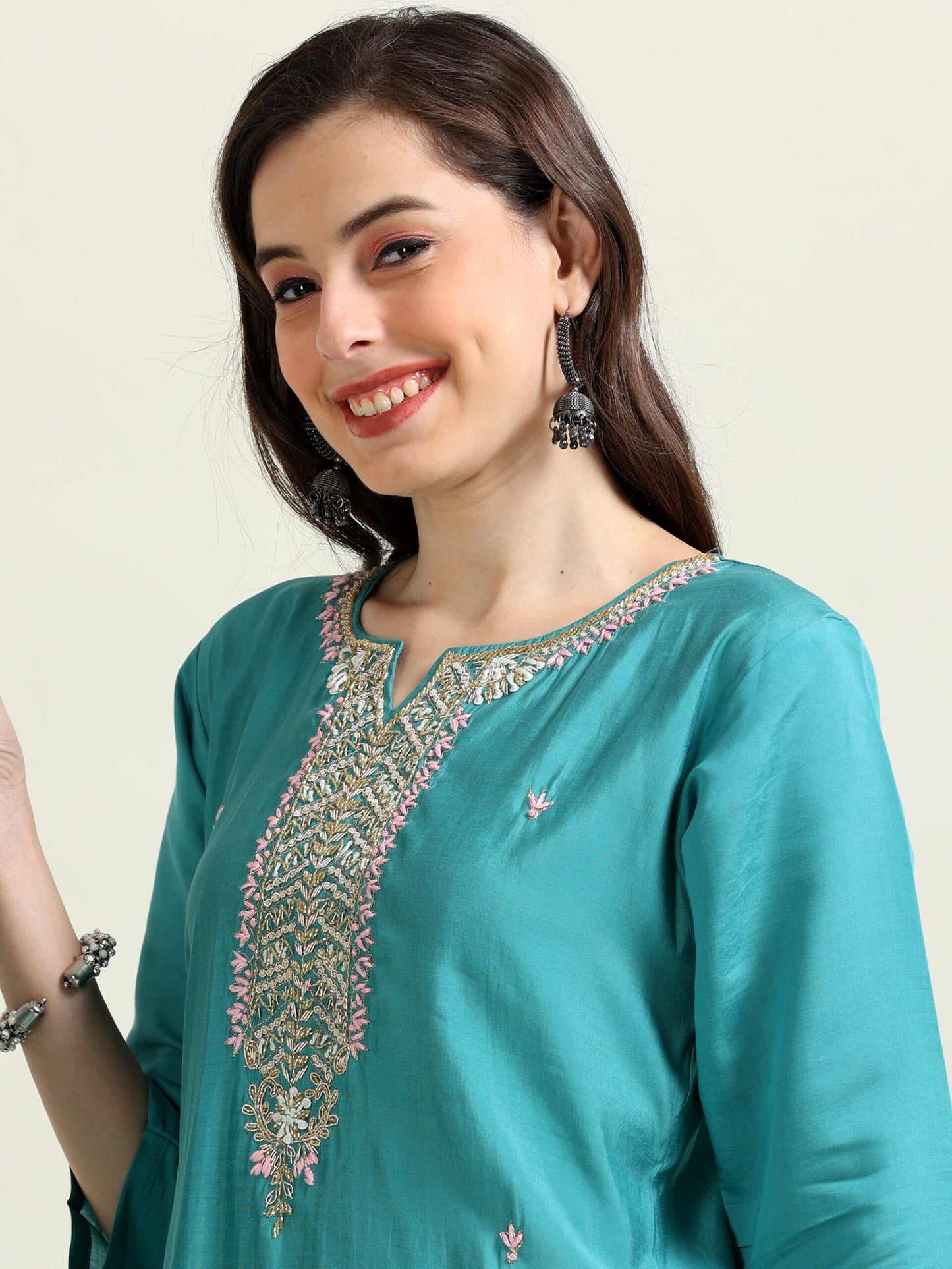 Teal Pearl Dream – Viscose-Organza 3-Piece Set (2AA-6-C6)