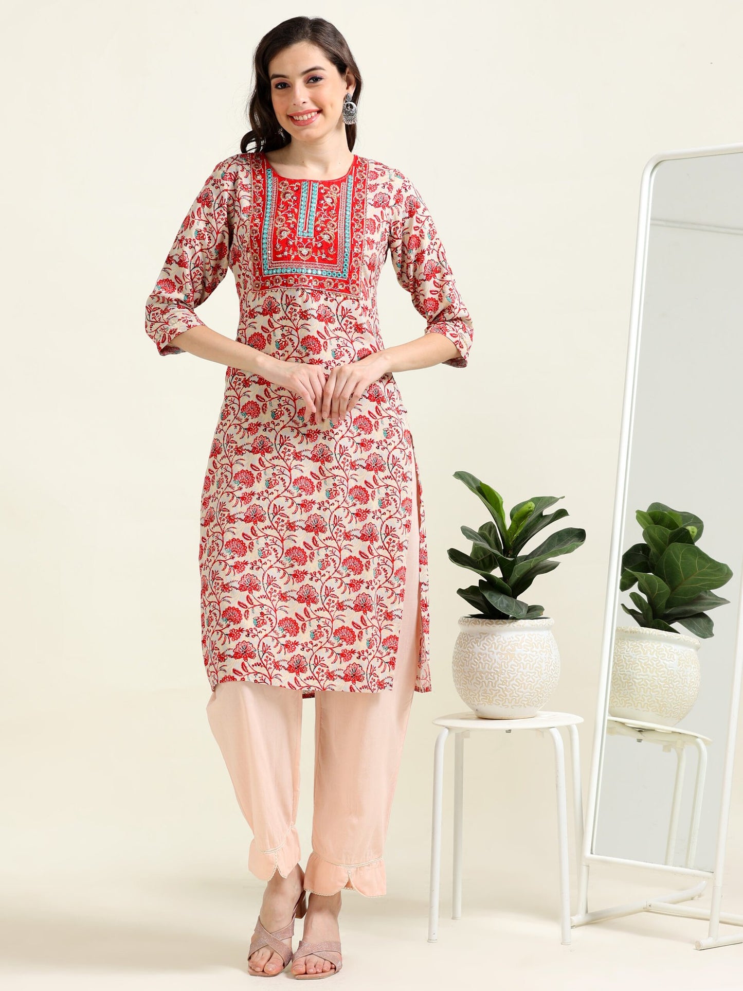 Off-White & Peach Grace – Viscose-Cotton 2-Piece Set (2AA-9-B3)