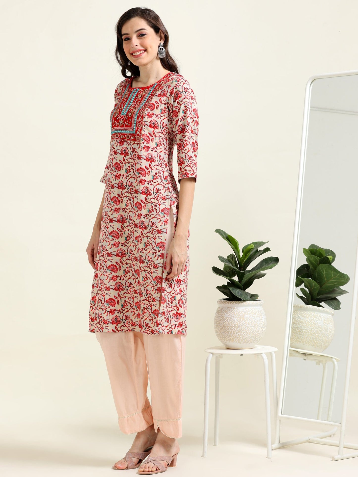Off-White & Peach Grace – Viscose-Cotton 2-Piece Set (2AA-9-B3)