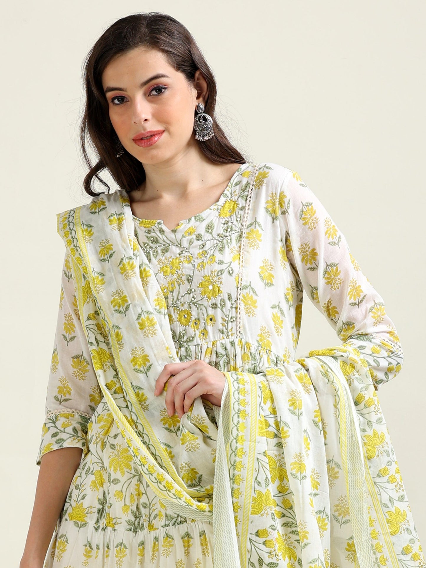 Off-White Brunch Bloom – Anarkali Cotton 3-Piece Se (2DF-9-C5)