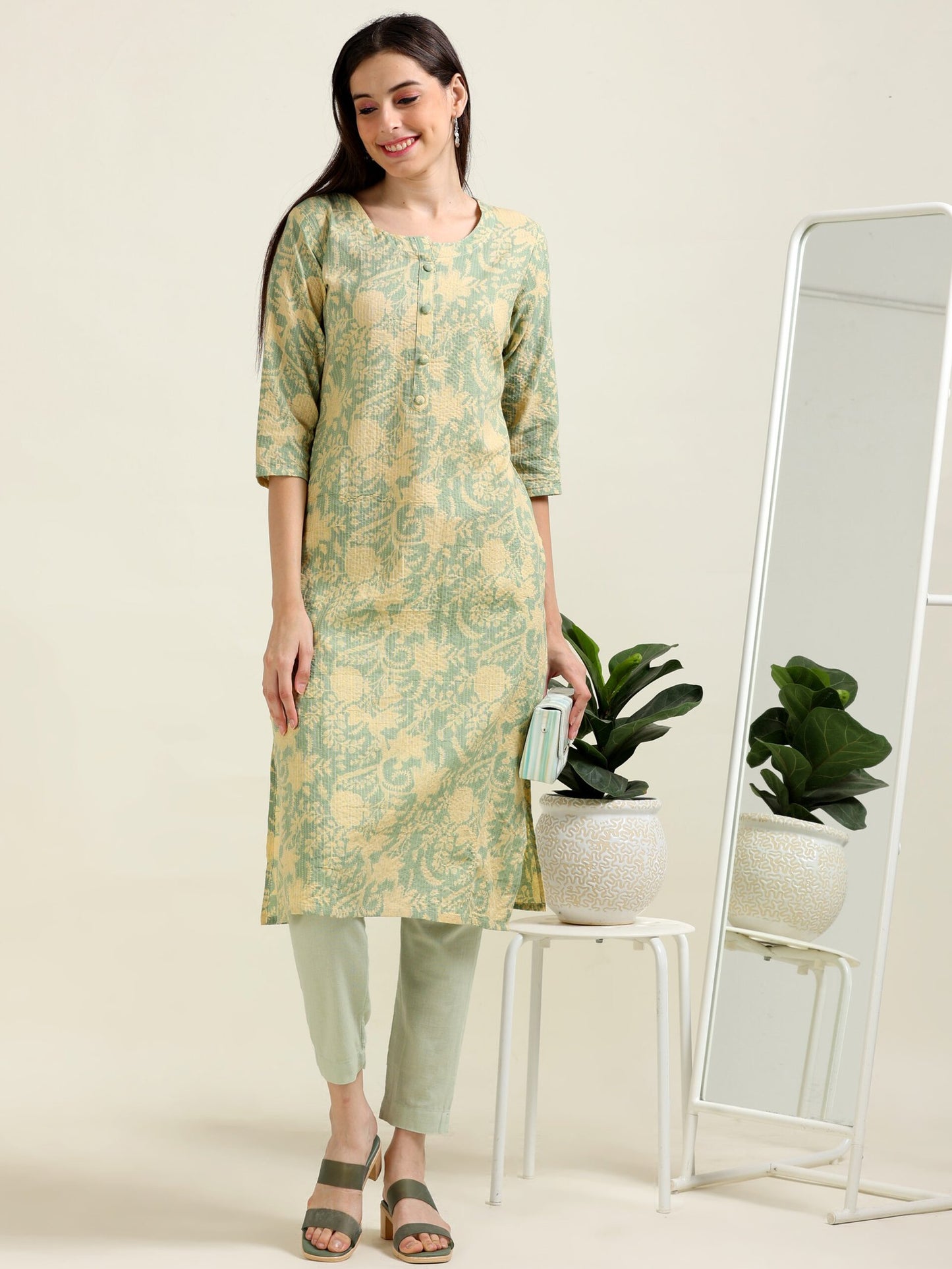 Sea Green Printed Bliss – Cotton Straight Kurti (2TP-5-A8)