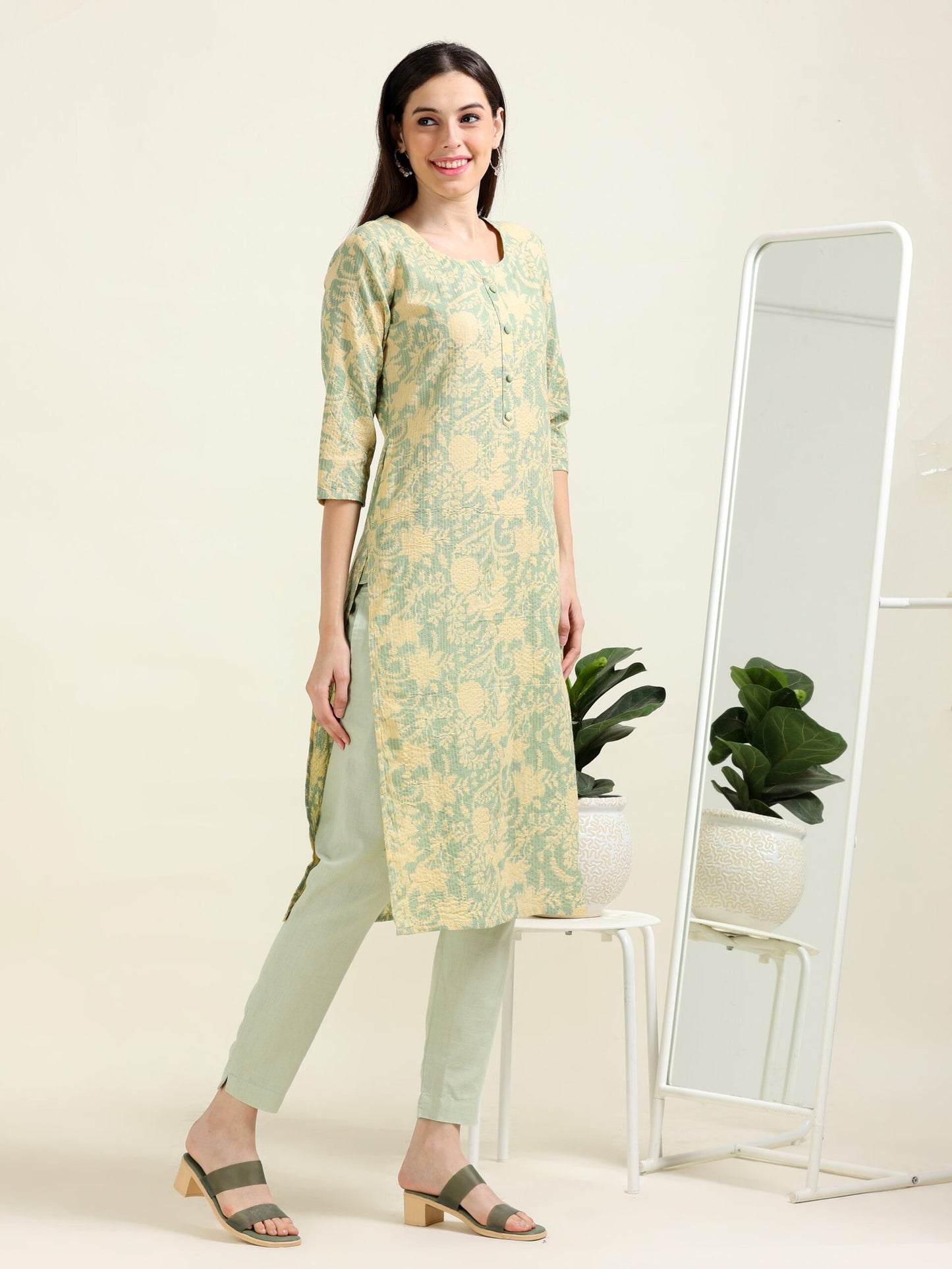 Sea Green Printed Bliss – Cotton Straight Kurti (2TP-5-A8)