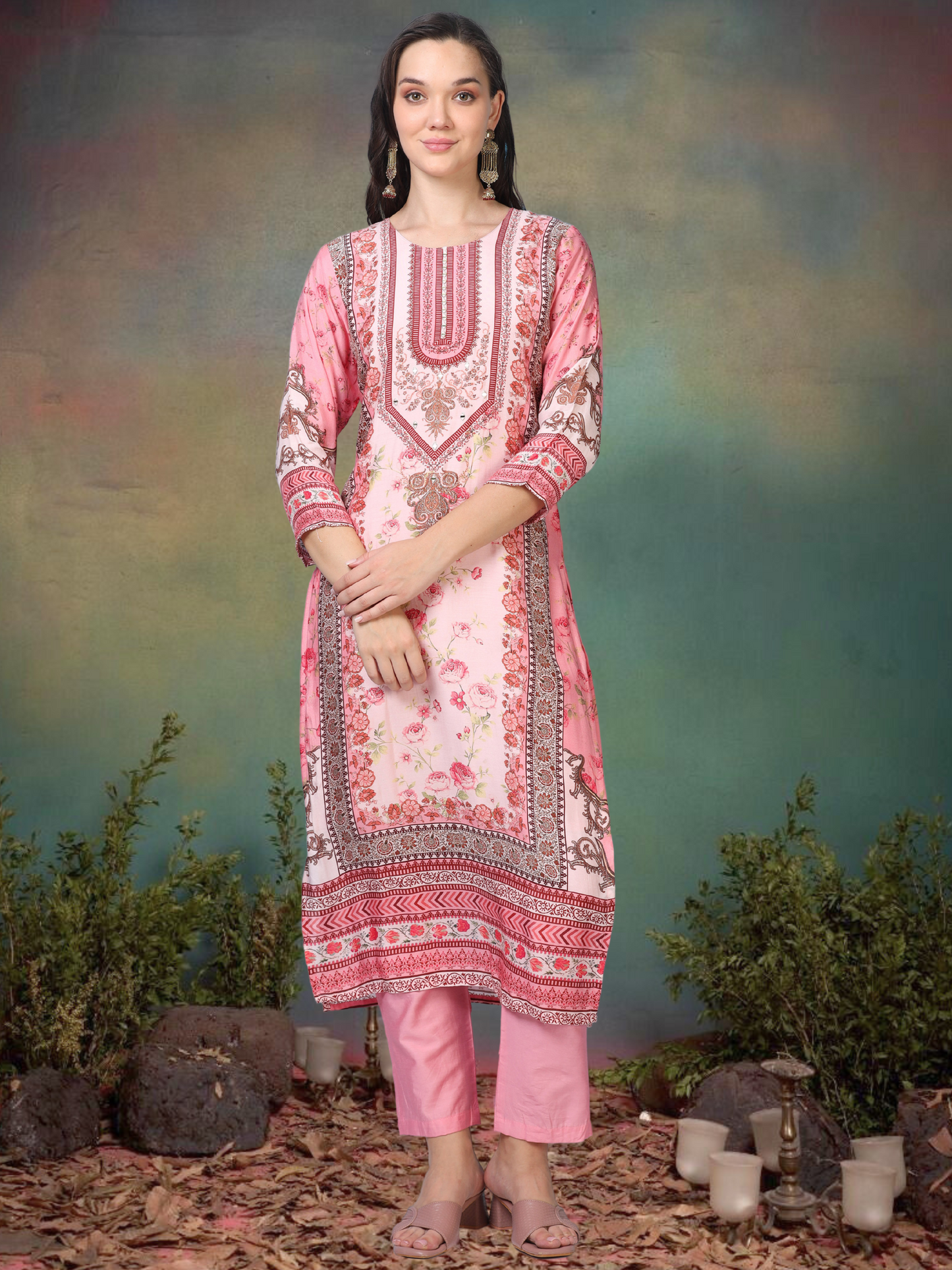 Print Paradise – Pink Viscose-Cotton Digital Print 3-Piece Set (1KI-2-C9)
