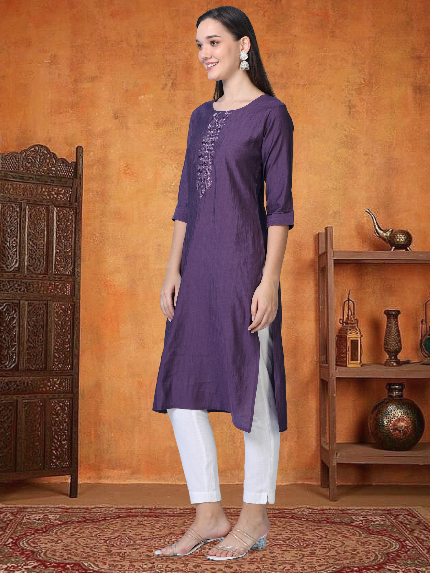Wine Whisper – Embroidered Cotton Straight Kurti (1JD-7-A9)