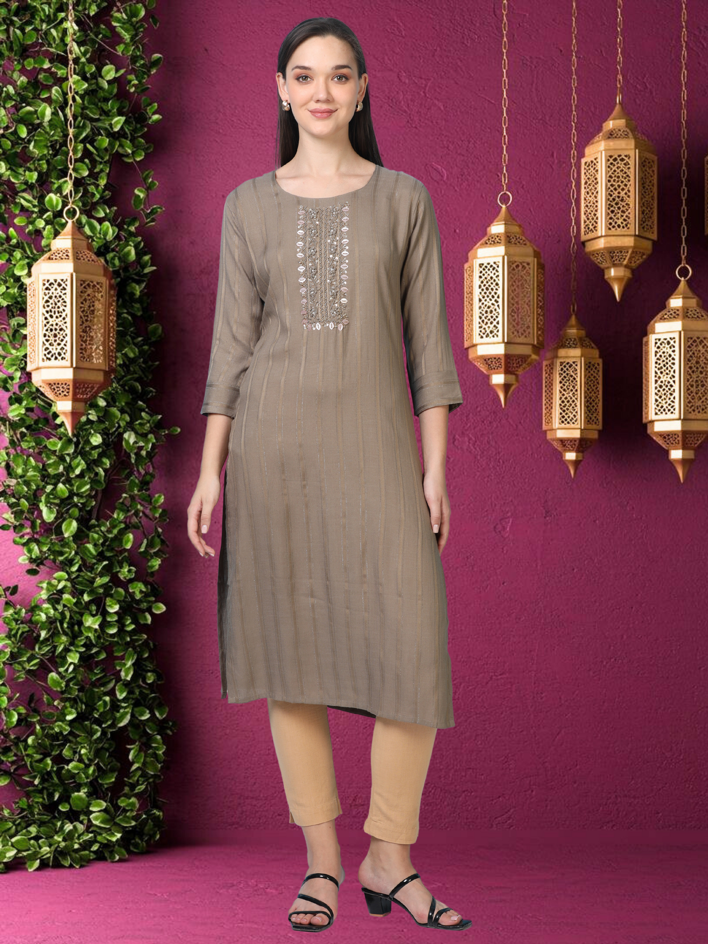 Cocoa Calm – Brown Cutdana Cotton-Blend Kurti (1KB-5-A13)