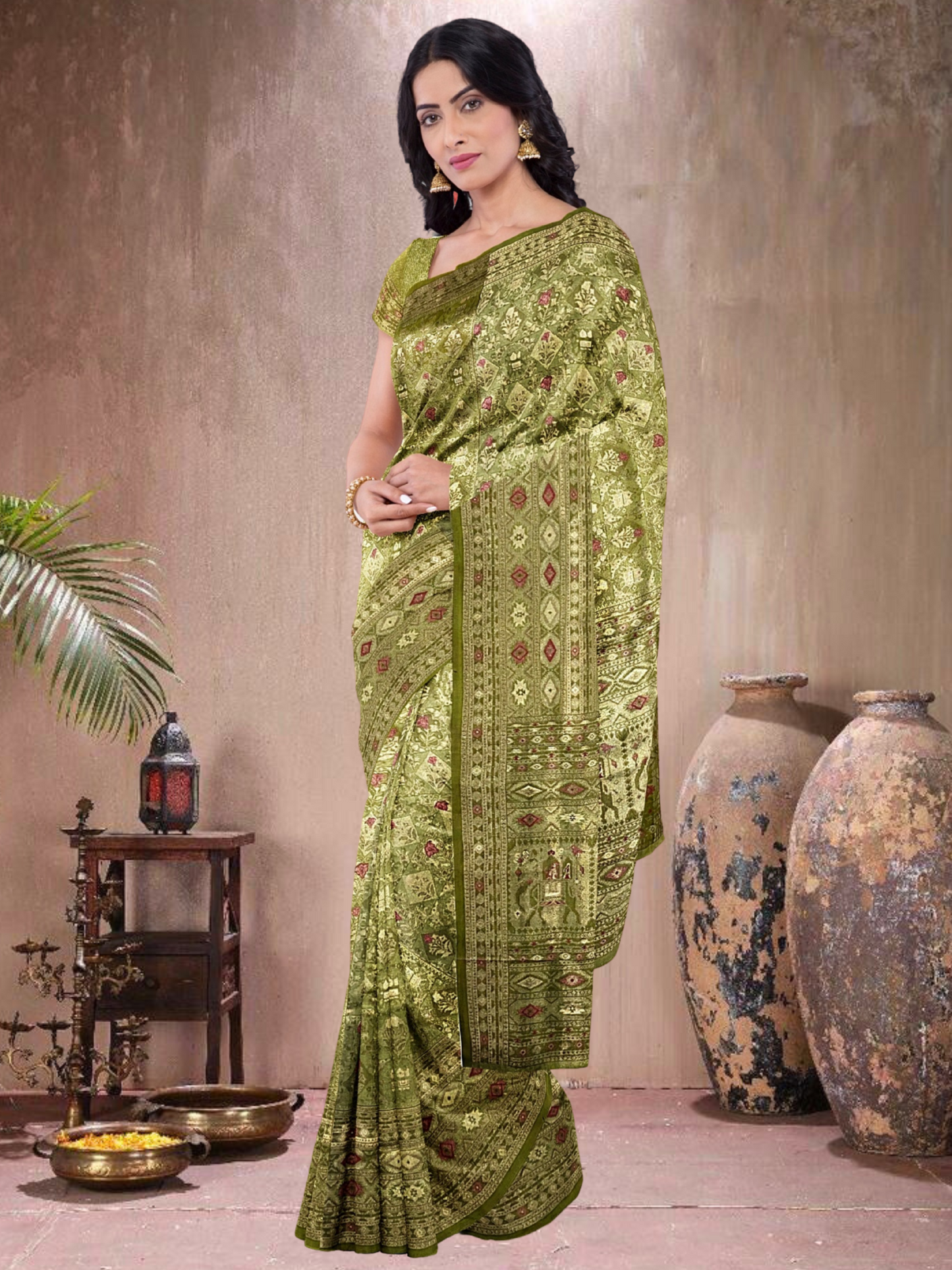 Olive Allure – Ikkat brocade saree with gold zari (OG-519018)