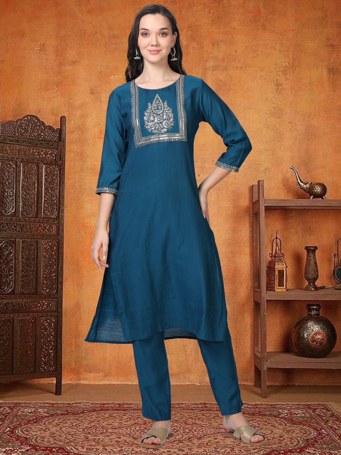 Blue Bash – Raw Cotton & Banarasi Silk-Blend 3-Piece Set (1NH-6-C10)