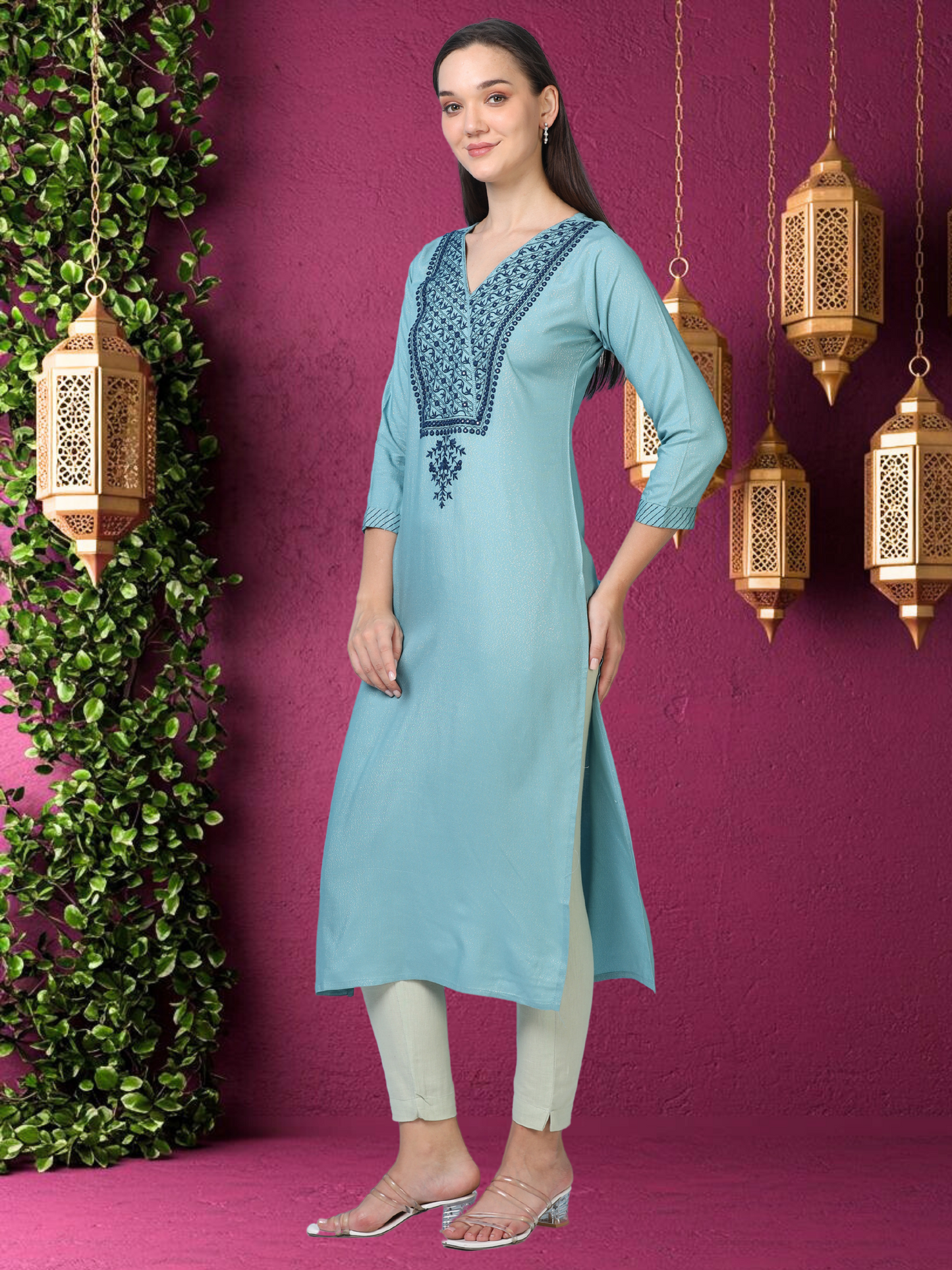 Blue Hush Glimmer – Embroidered Cotton-Tissue Kurti (1JD-6-A13)