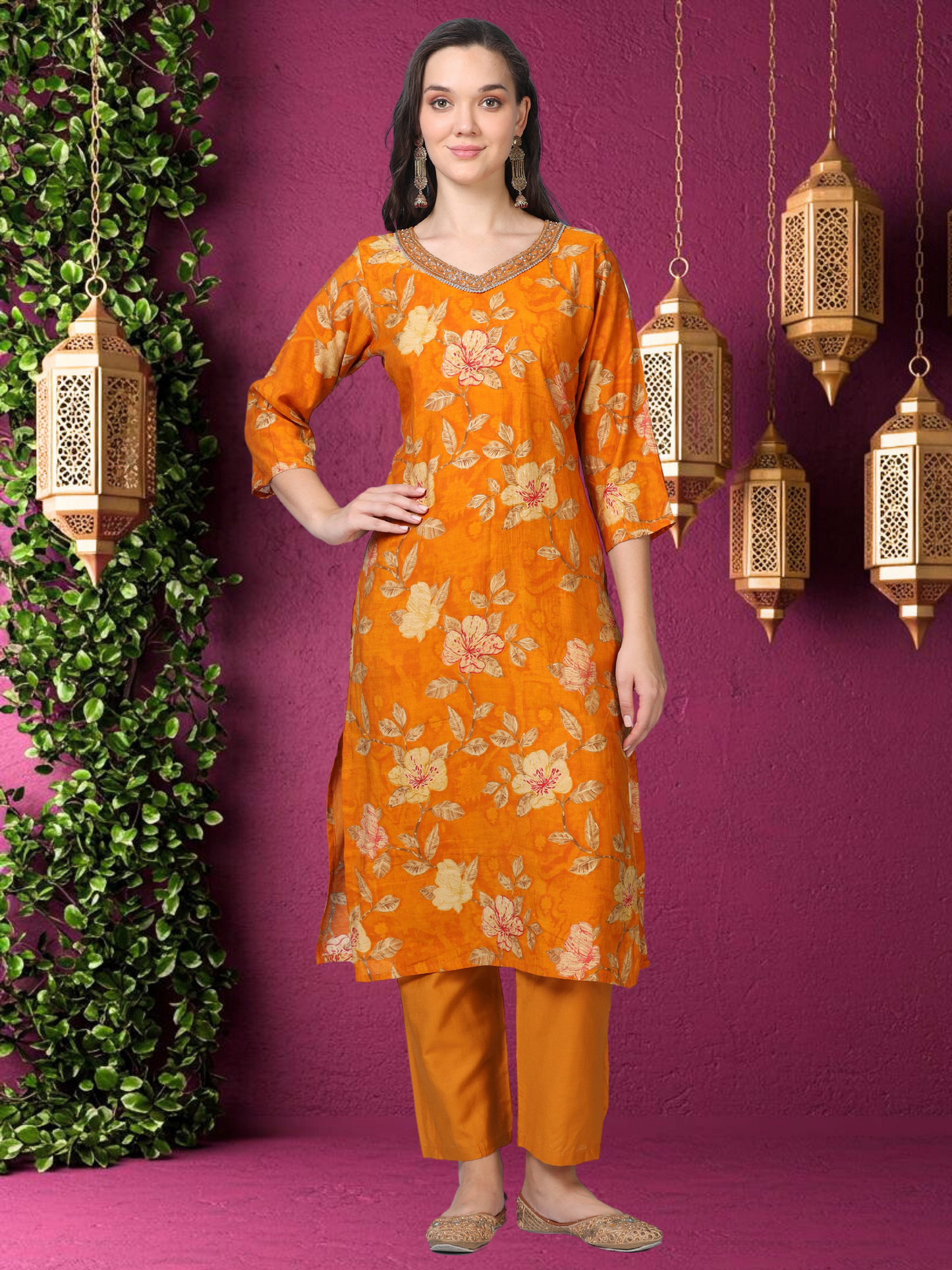 Golden Hour – Mustard Printed Viscose-Cotton 3-Piece Set (1KI-4-C2)