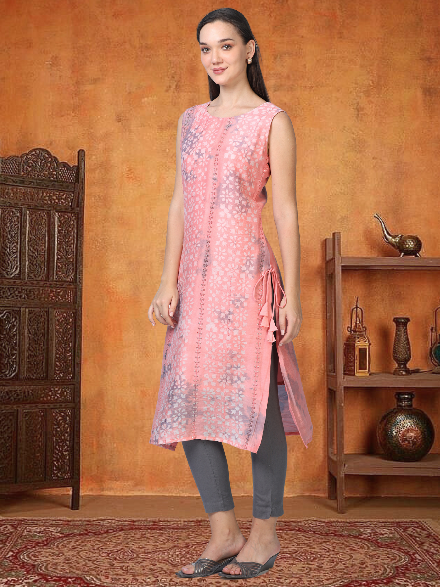 Pink Power Drip – Sleeveless Shibori Silk-Blend Kurti (1JD-2-A3b)