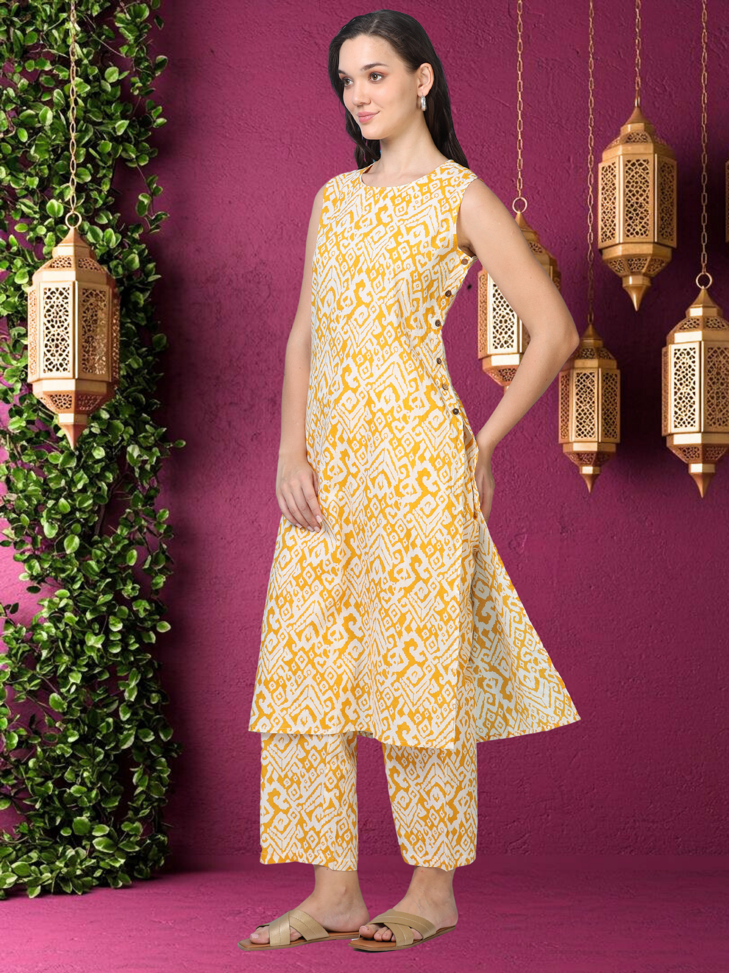 Ochre Aura – Sleeveless Printed Cotton Co-ord Set (2DF-4-B13)