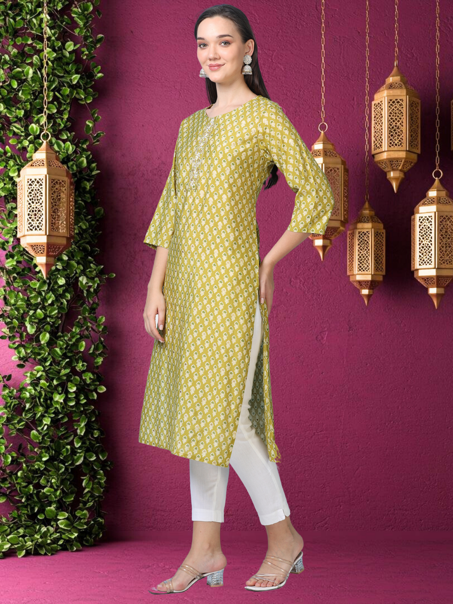 Olive Muse – Light Olive Printed Cotton Kurti with Cutdana Work (2AA-5-A7)