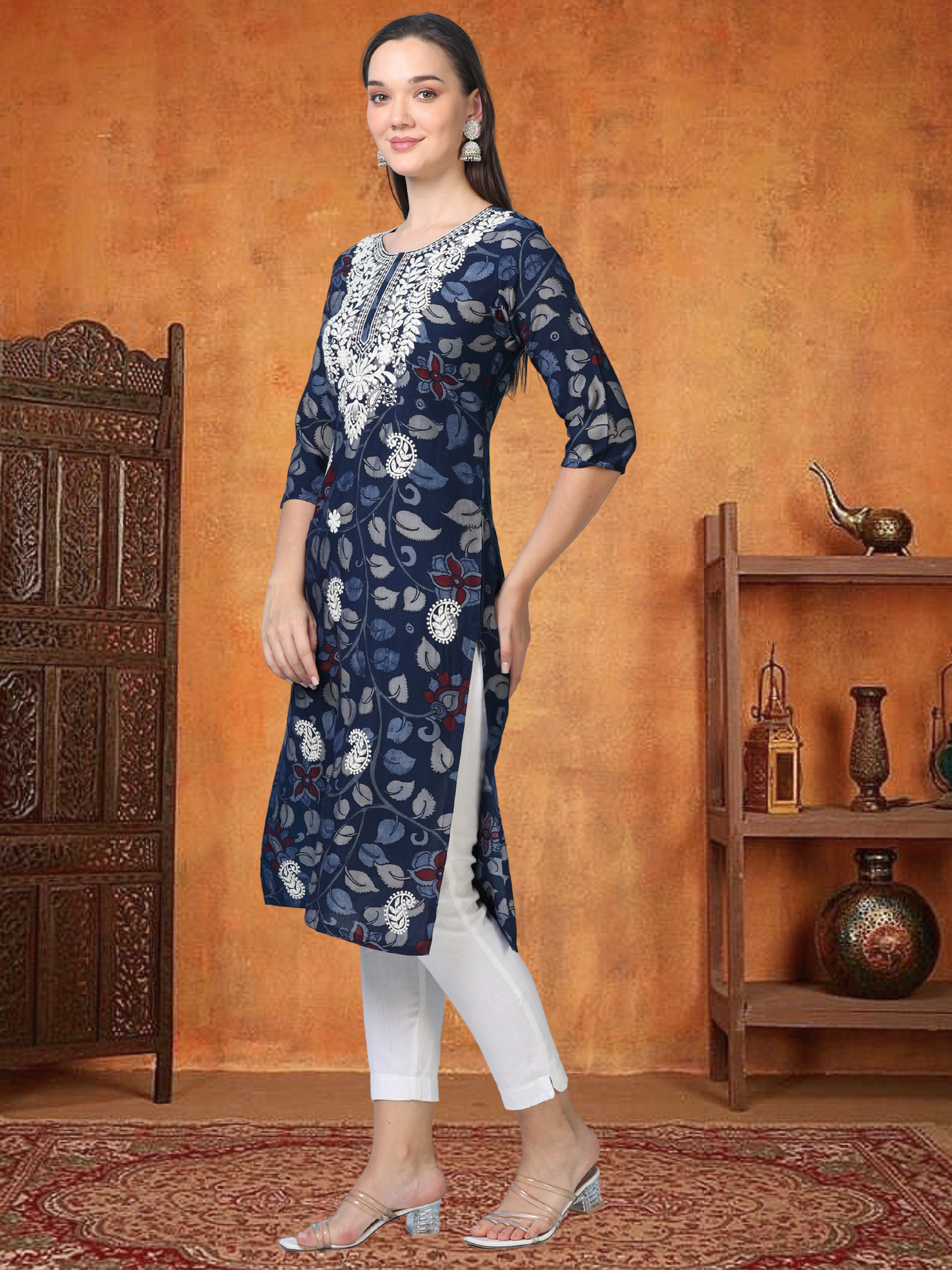 Indie Blend – Navy Blue Kalamkari & Chikankari Cotton Kurti (1NH-6-A12)