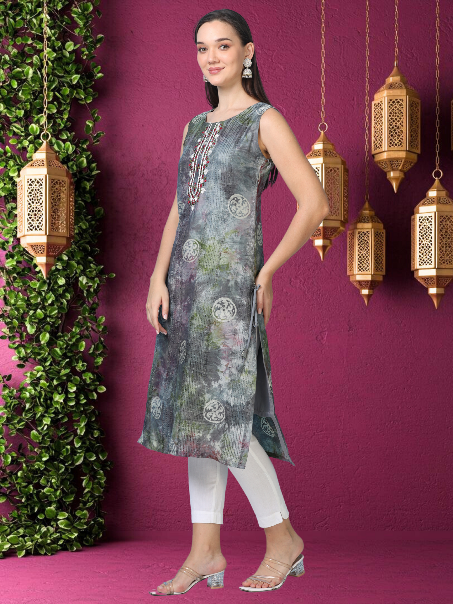 Mystic Teal Swirl – Shibori Silk-Blend Sleeveless Kurti (1JD-5-A4)