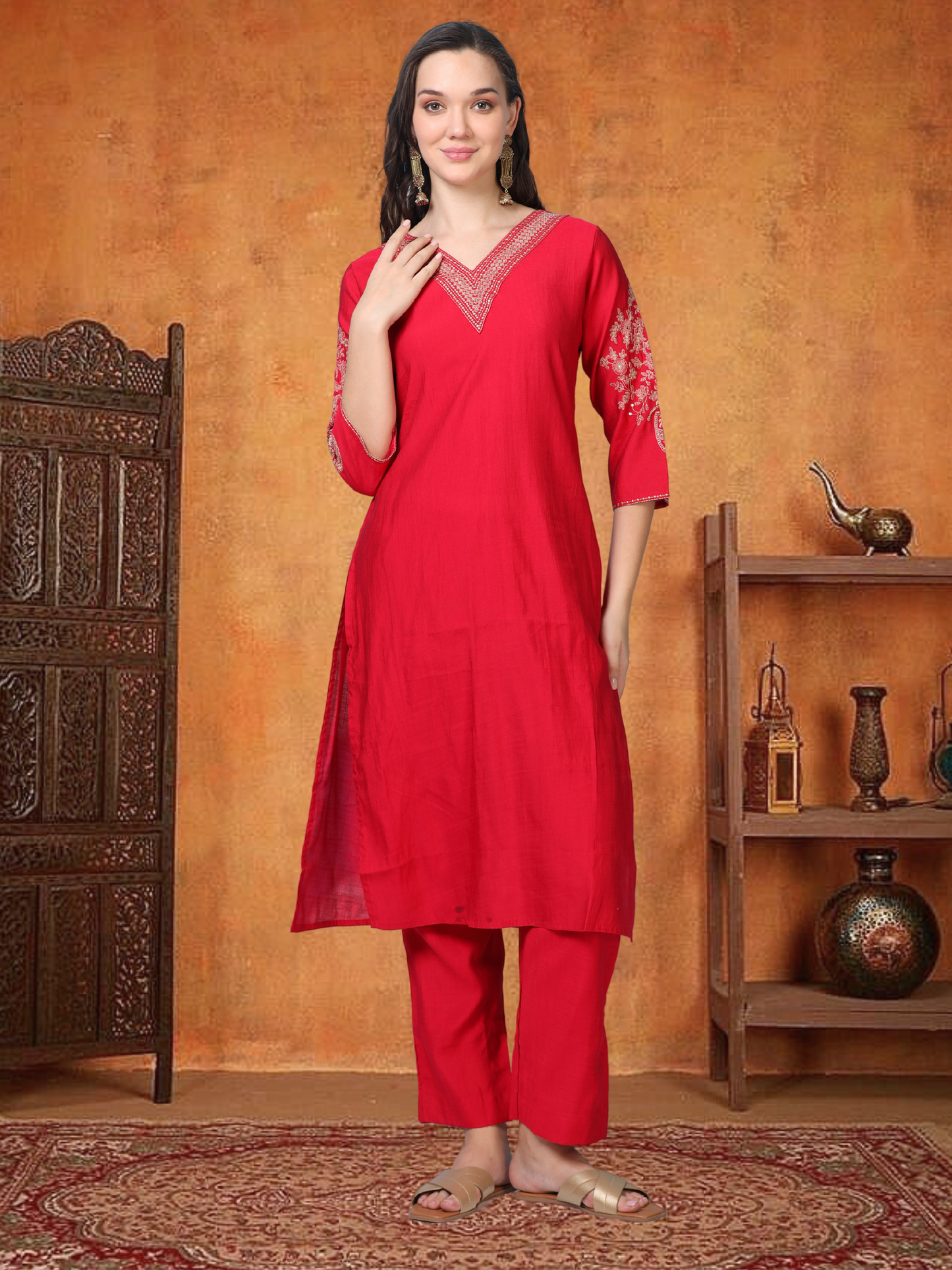 Red Hour – Raw Cotton & Banarasi Silk-Blend 3-Piece Set (1NH-2-C11)