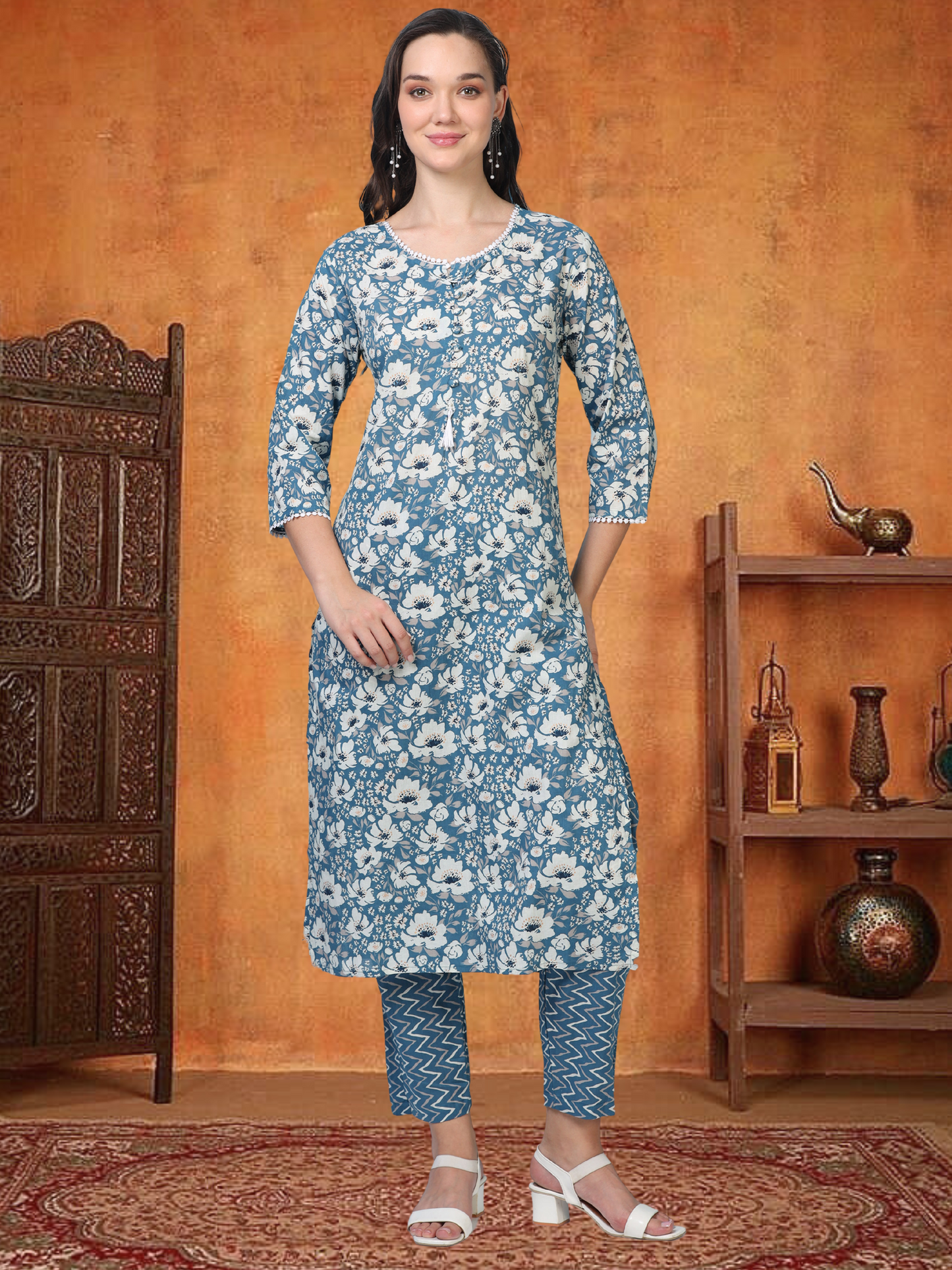 Blue Bloom – Blue & White Printed 3-Piece Set (2TP-6-C19)