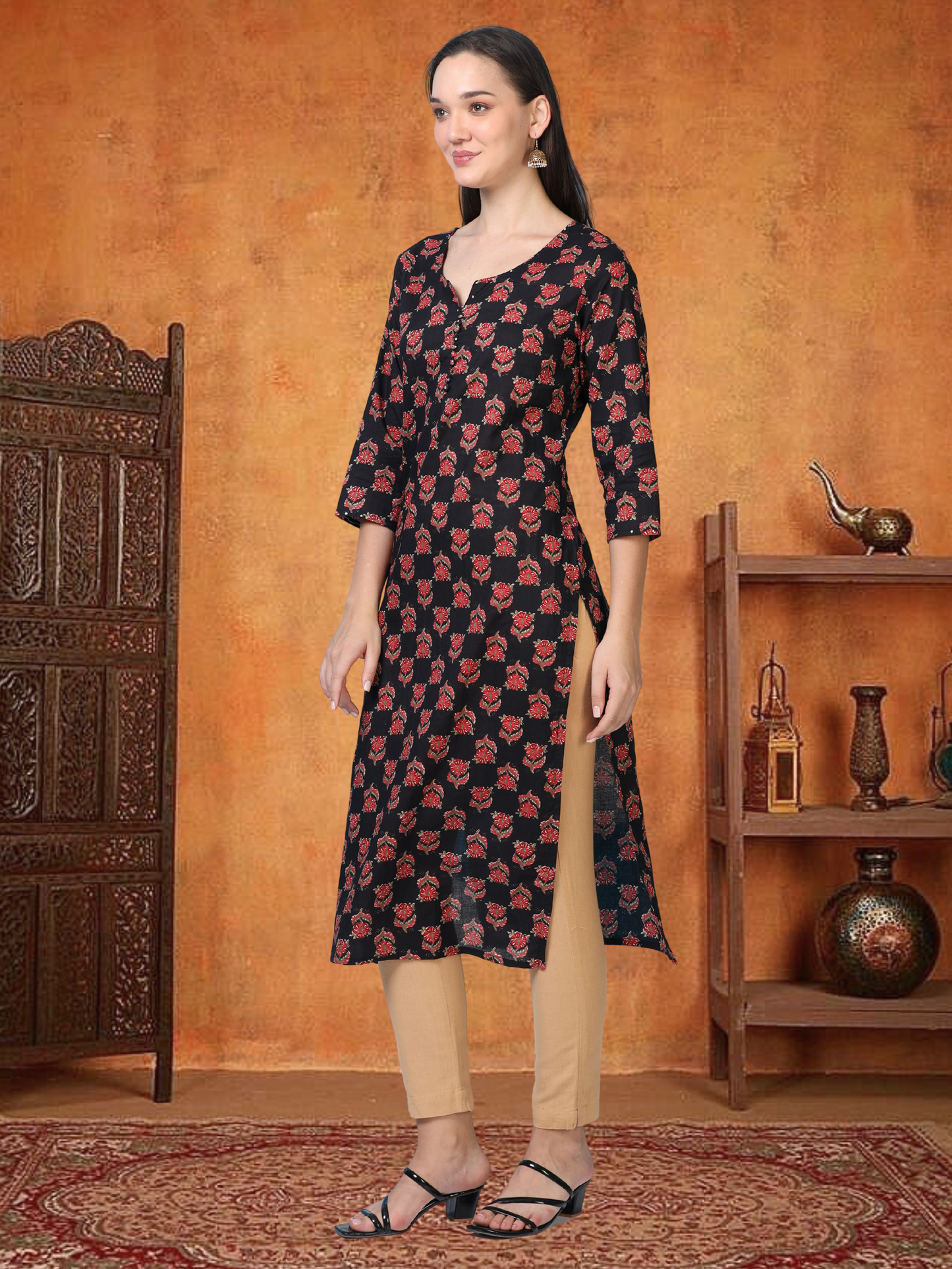 Midnight Muse – Black Printed Cotton Kurti (2TP-0-A1)