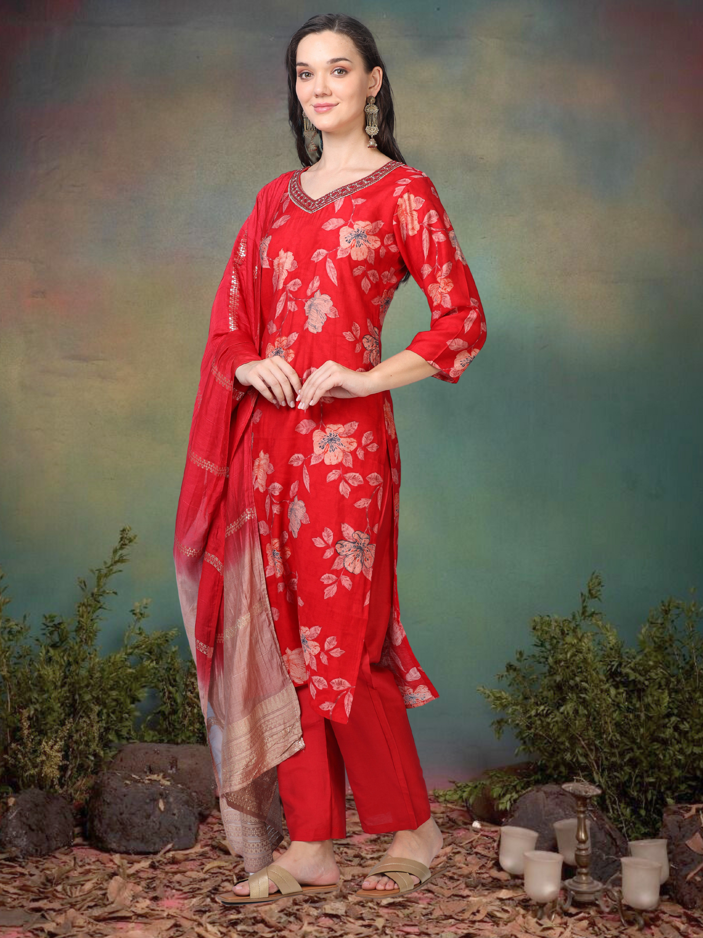 Scarlet Soirée – Red Printed Viscose-Cotton 3-Piece Set (1KI-2-C1)