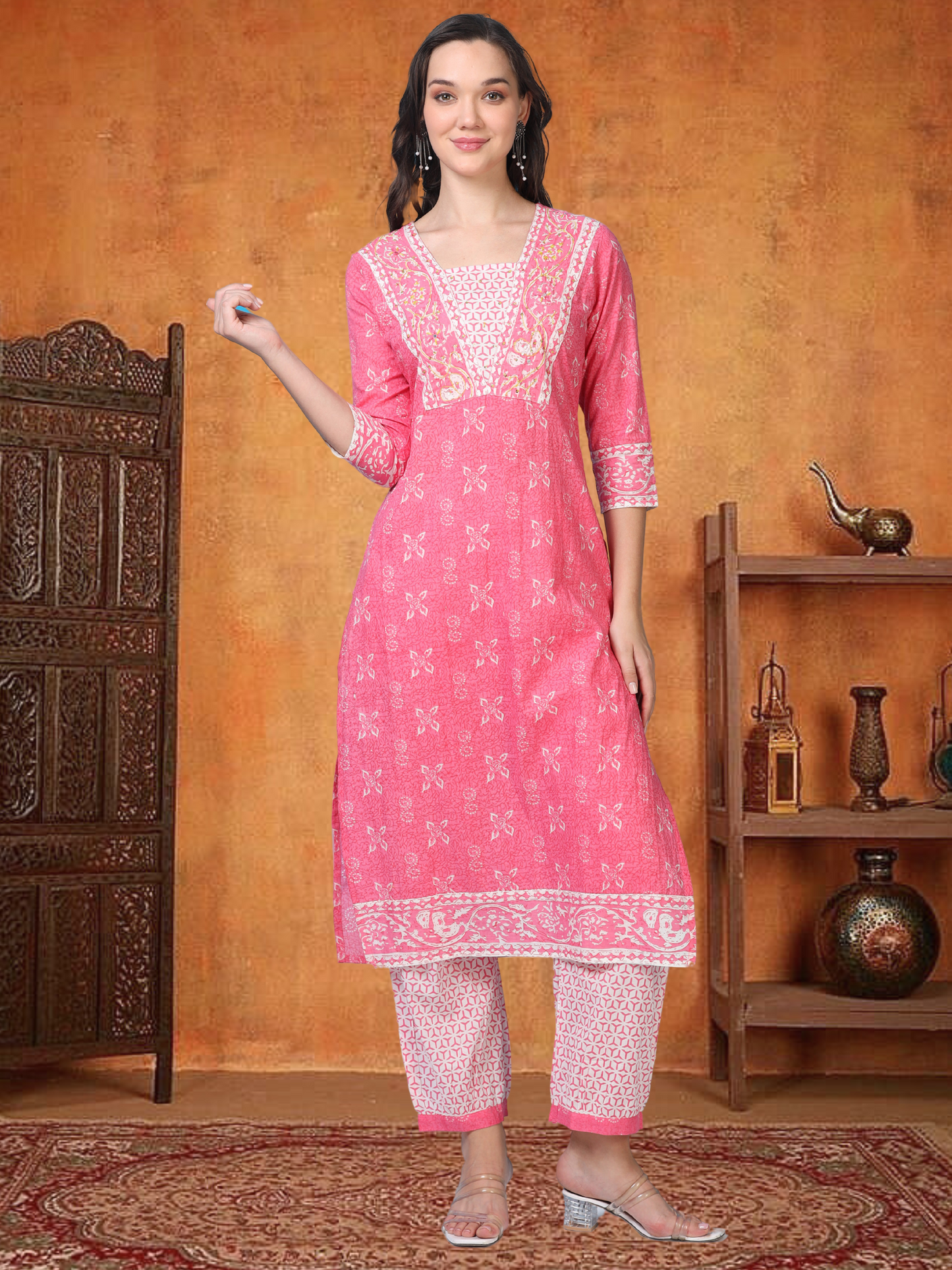 Blush Bloom – Pink Printed Cotton 3-Piece Set (2DF-2-C10)