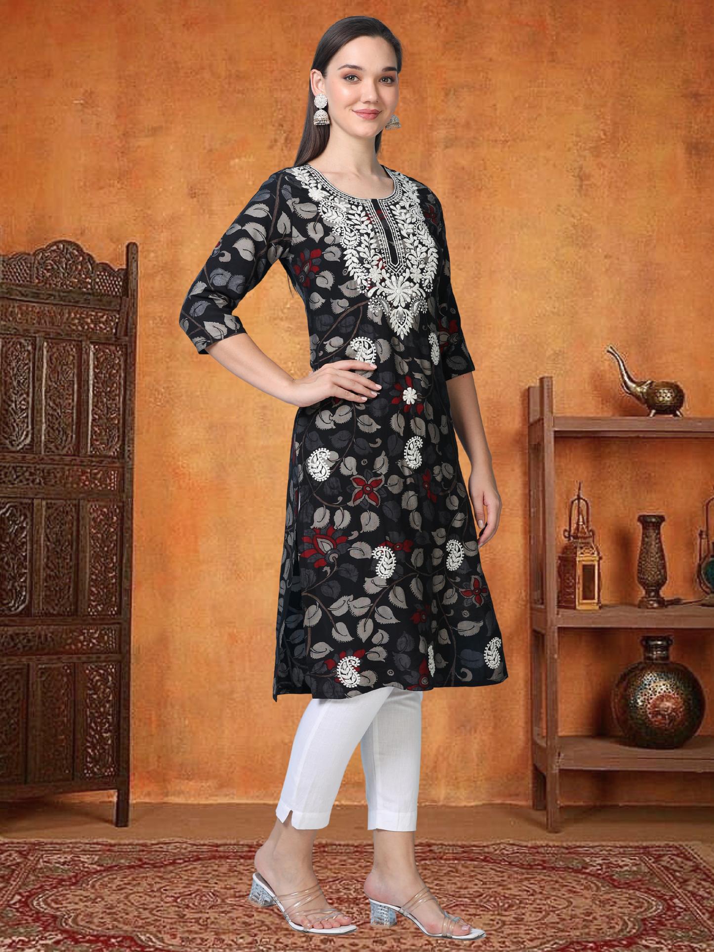 Noir Nazaara – Black Kalamkari & Chikankari Cotton Kurti (1NH-0-A13)