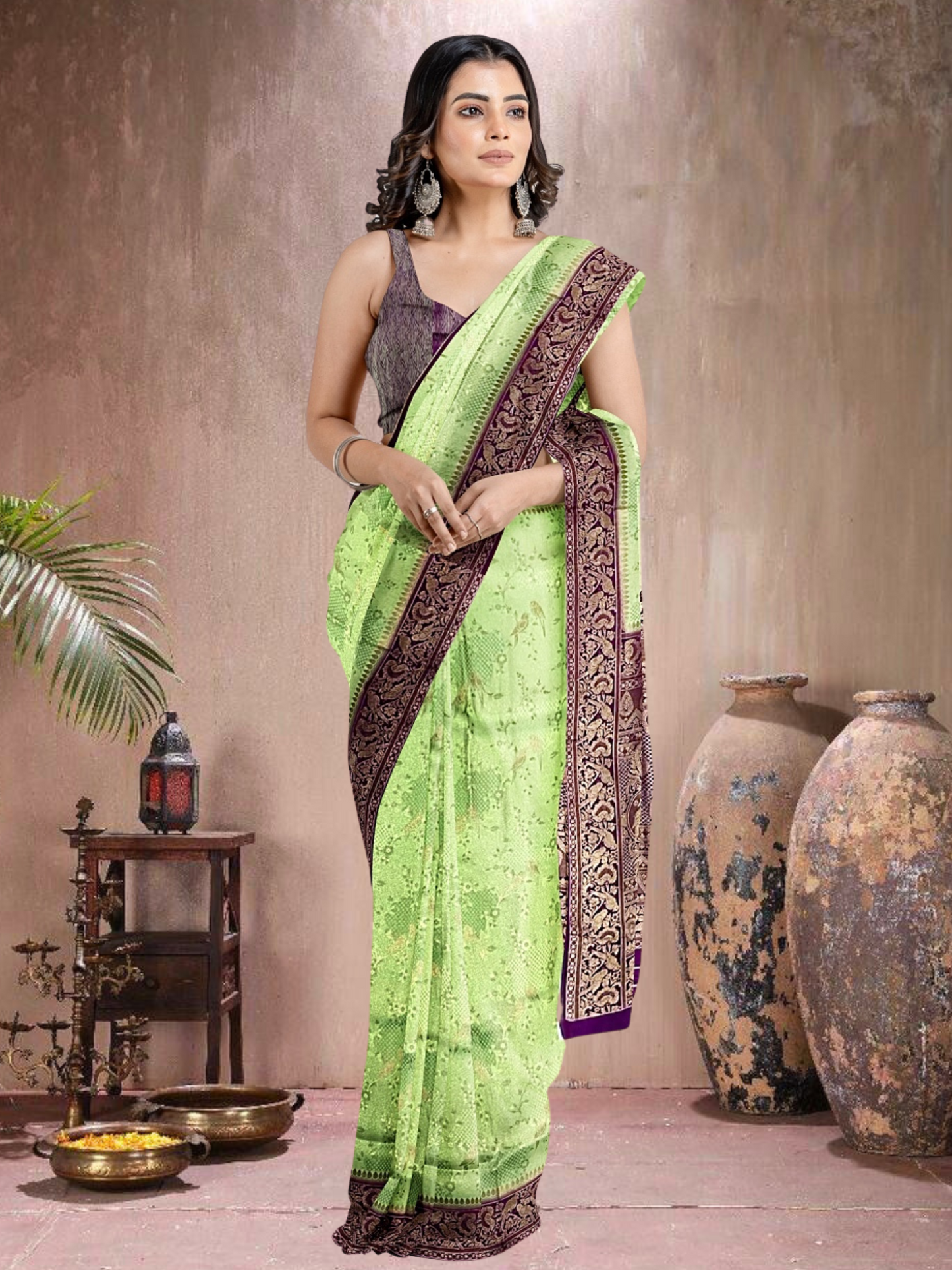 Green-Purple Radiance – Satin Brocade Saree (PU-PG-519012)
